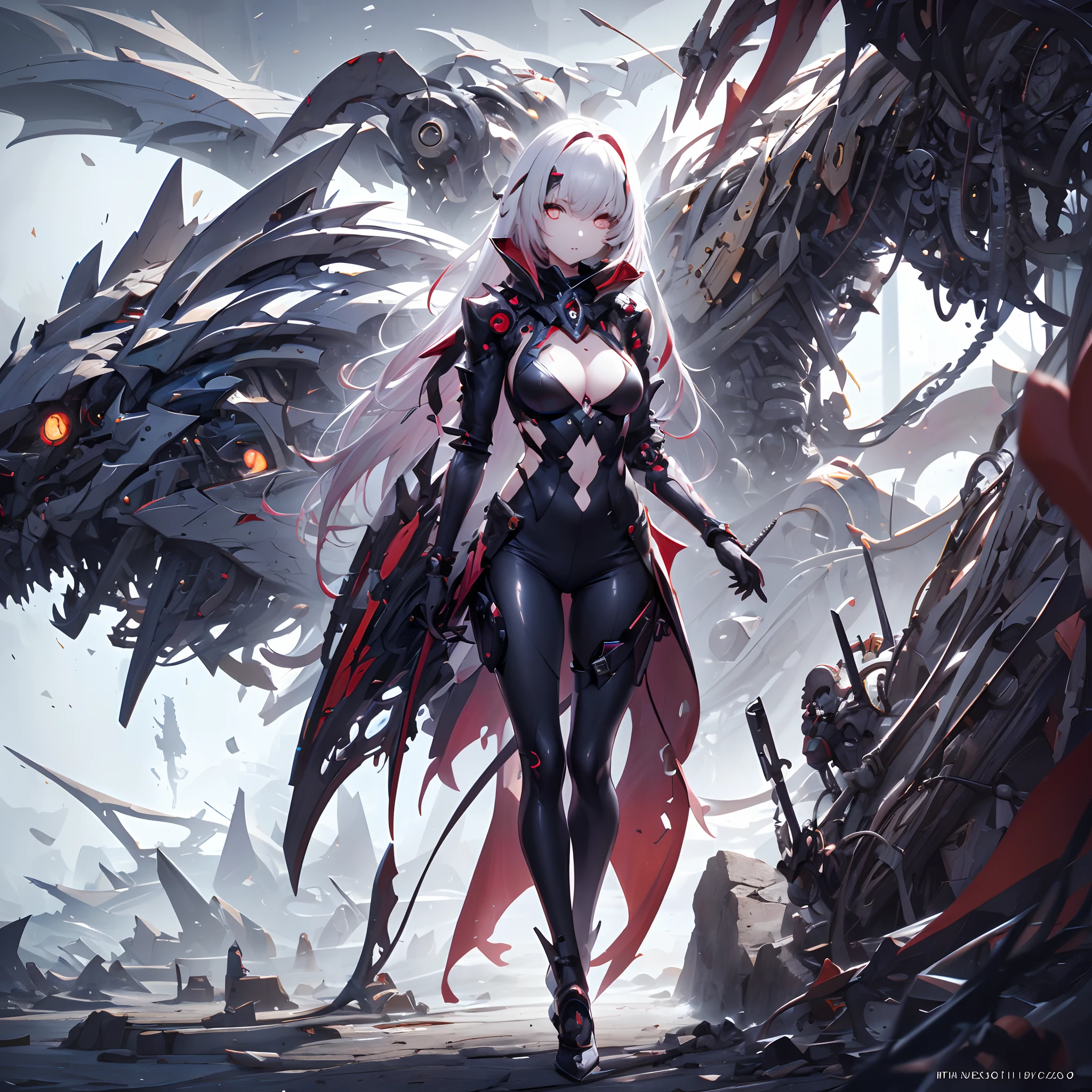 The Girl with Three White Eyes. She is an element of a mechanical monster. She bites. Puzzle Saw. Active Illustration. Science fiction. Full body image.