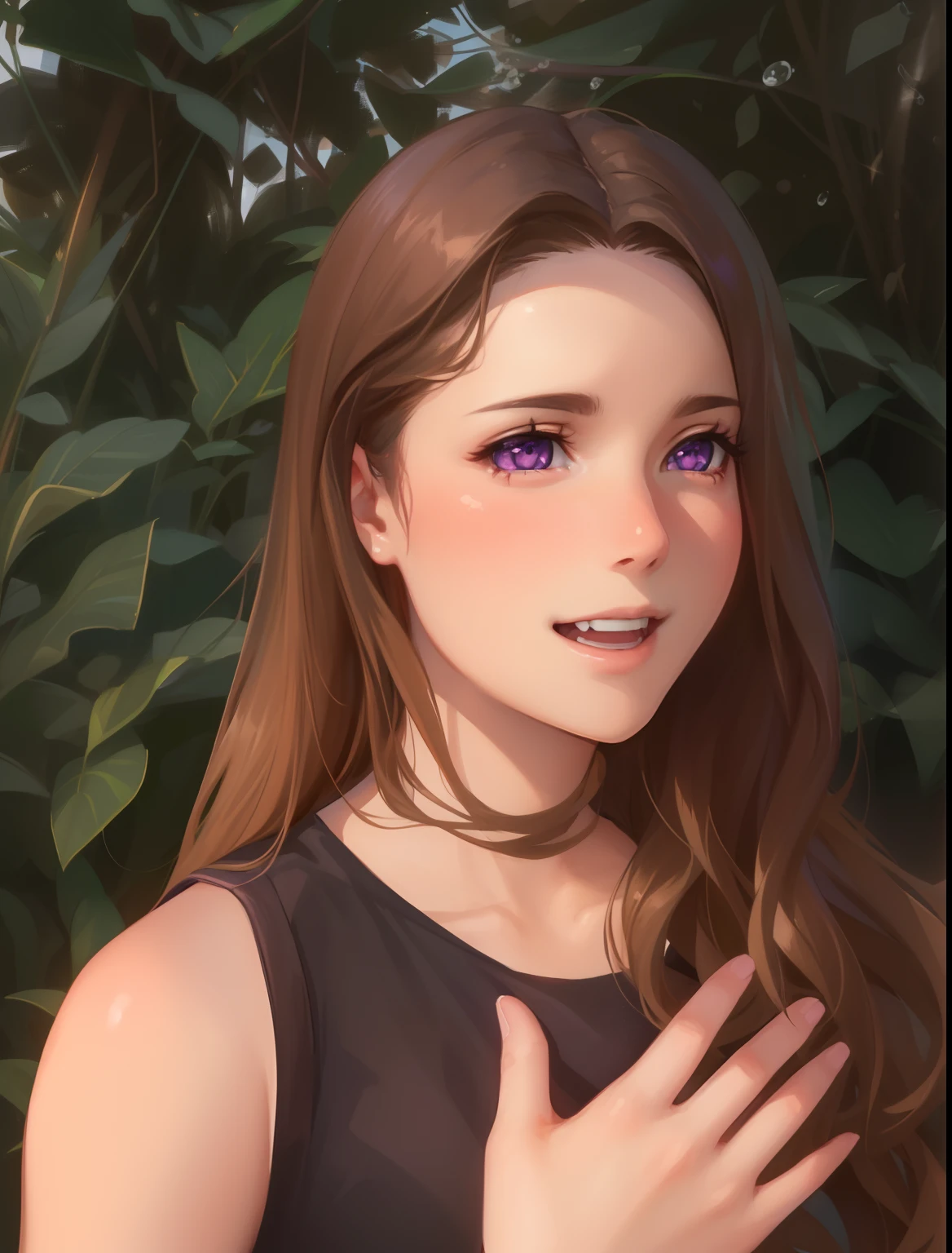 best quality, photorealistic, 8k, high res, 1girl, (professional lighting, bokeh), (long brown hair), (purple eyes), wavy hair, (portrait), gorgeous, bloom, (floating hair), flustered, smile