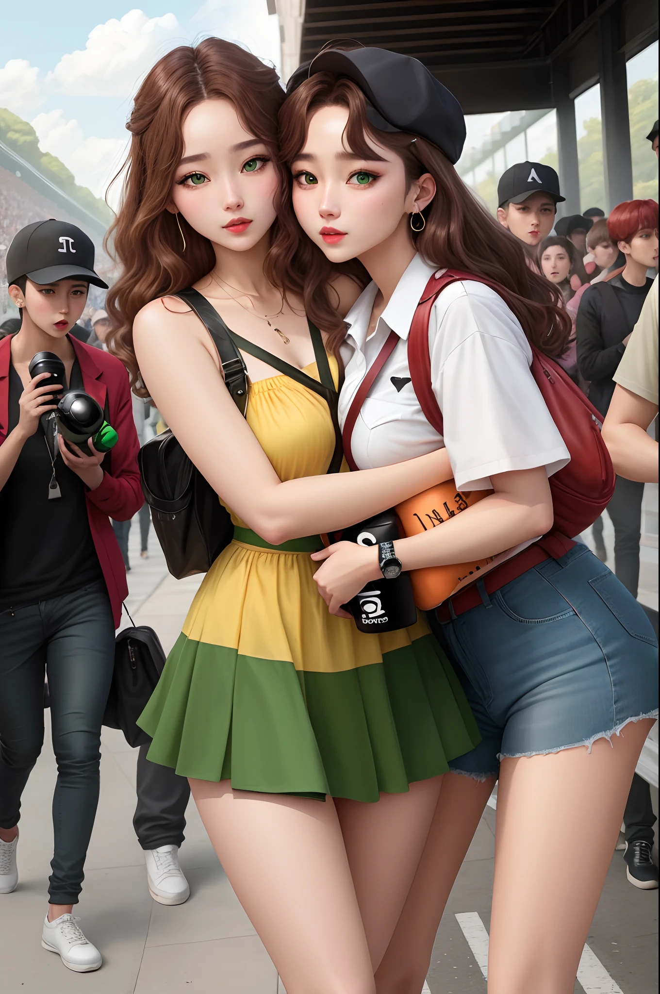 Mulher,Brown hair and green eyes holding an army bomb going to the BTS concert and being hugged by them