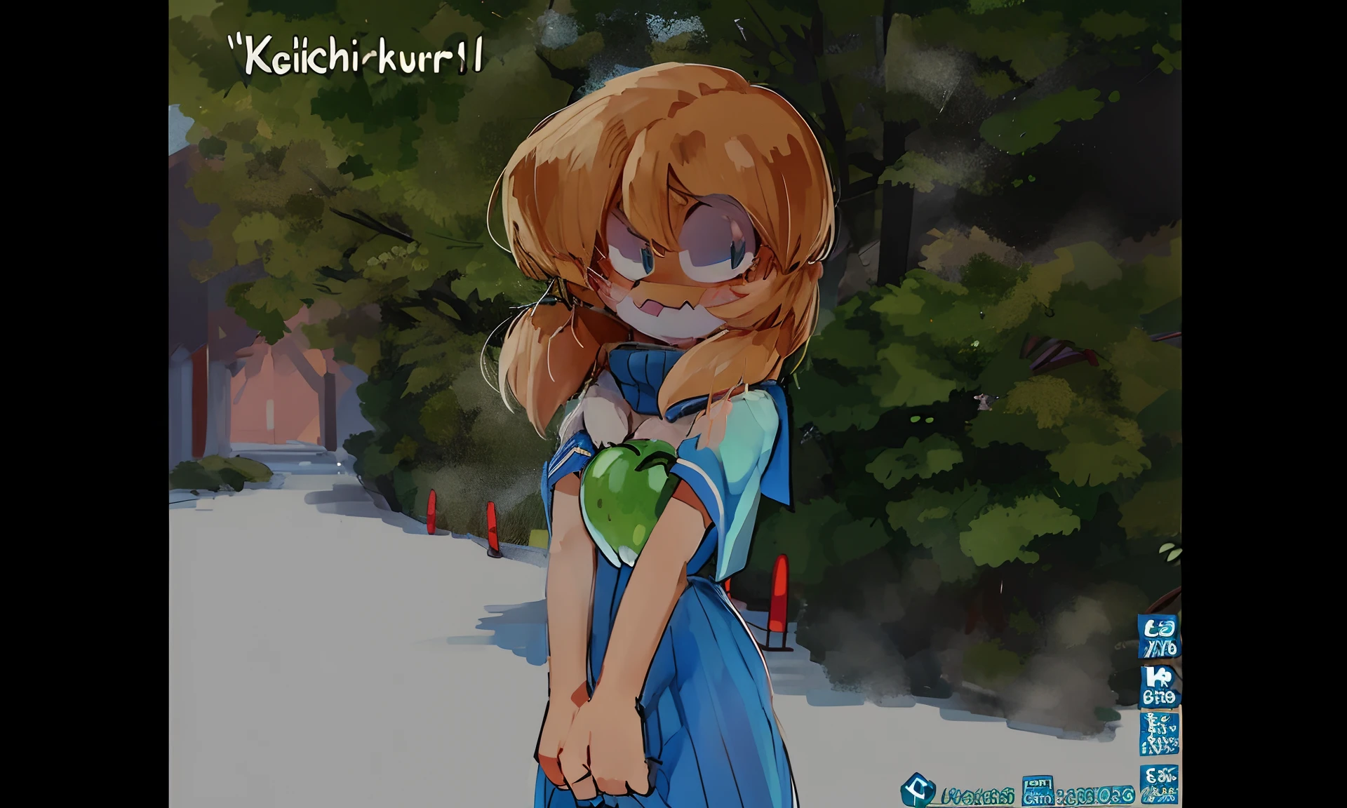 anime girl in blue dress with green apple in hand, higurashi, iwakura lain, classic shoujo, rei hiroe, rin, close up iwakura lain, in ryuuou no oshigoto art style, inspired by Matsumura Goshun, ; visual novel, inspired by Yuki Ogura, ikki tousen, visual novel cg 1girl, averi, black turtleneck sweater, orange fur, flat chest, white fur, serious, averi is going to say a slur white fur,