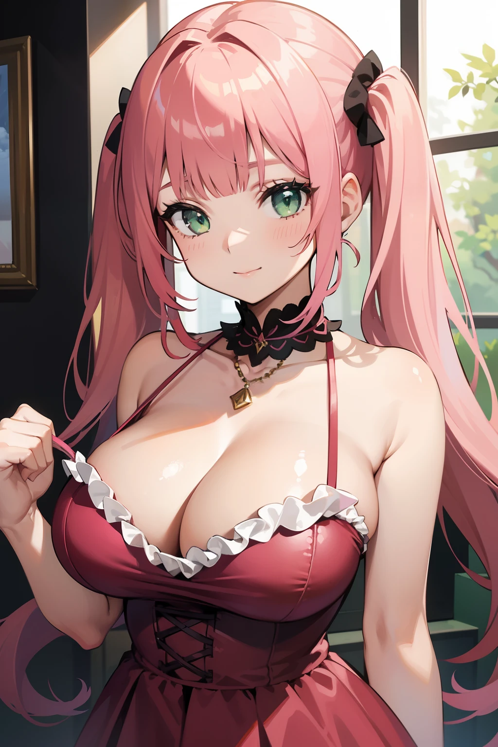 1girl, masterpiece, pink hair, blunt bangs, long hair, twin tails, huge breasts, formal dress, lace, frill, necklaces, green eyes, light smile, cleavage