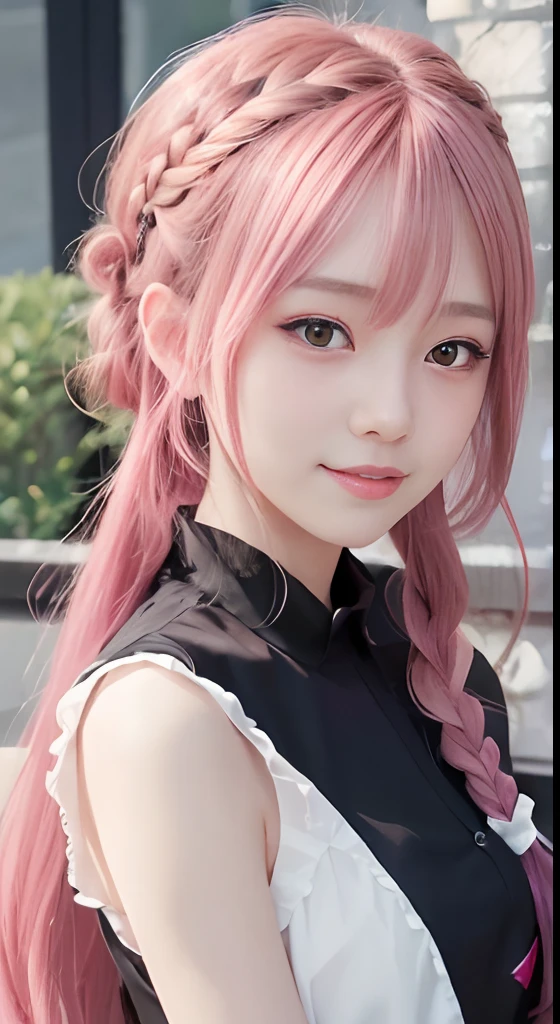 high-level image quality、anime girl with long hair and black dress posing for picture、up close shot、(A smile:1.5)、sayori, Anime visuals of cute girls, anime moe art style, loli in dress, anime girl wearing a black dress, pretty anime girl, (Anime Girl), Cute anime girl, Cute anime waifu in a nice dress, charming anime girls, Beautiful anime girl, Rin, Smooth Anime CG Art、(Pink hair), Ear Hair, small tits, Single braid, (Single braid), (Side braid)