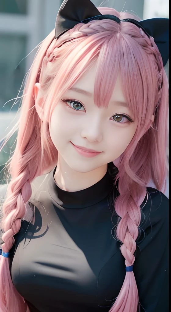 high-level image quality、anime girl with long hair and black dress posing for picture、up close shot、(A smile:1.5)、sayori, Anime visuals of cute girls, anime moe art style, loli in dress, anime girl wearing a black dress, pretty anime girl, (Anime Girl), Cute anime girl, Cute anime waifu in a nice dress, charming anime girls, Beautiful anime girl, Rin, Smooth Anime CG Art、(Pink hair), Ear Hair, small tits, Single braid, (Single braid), (Side braid)