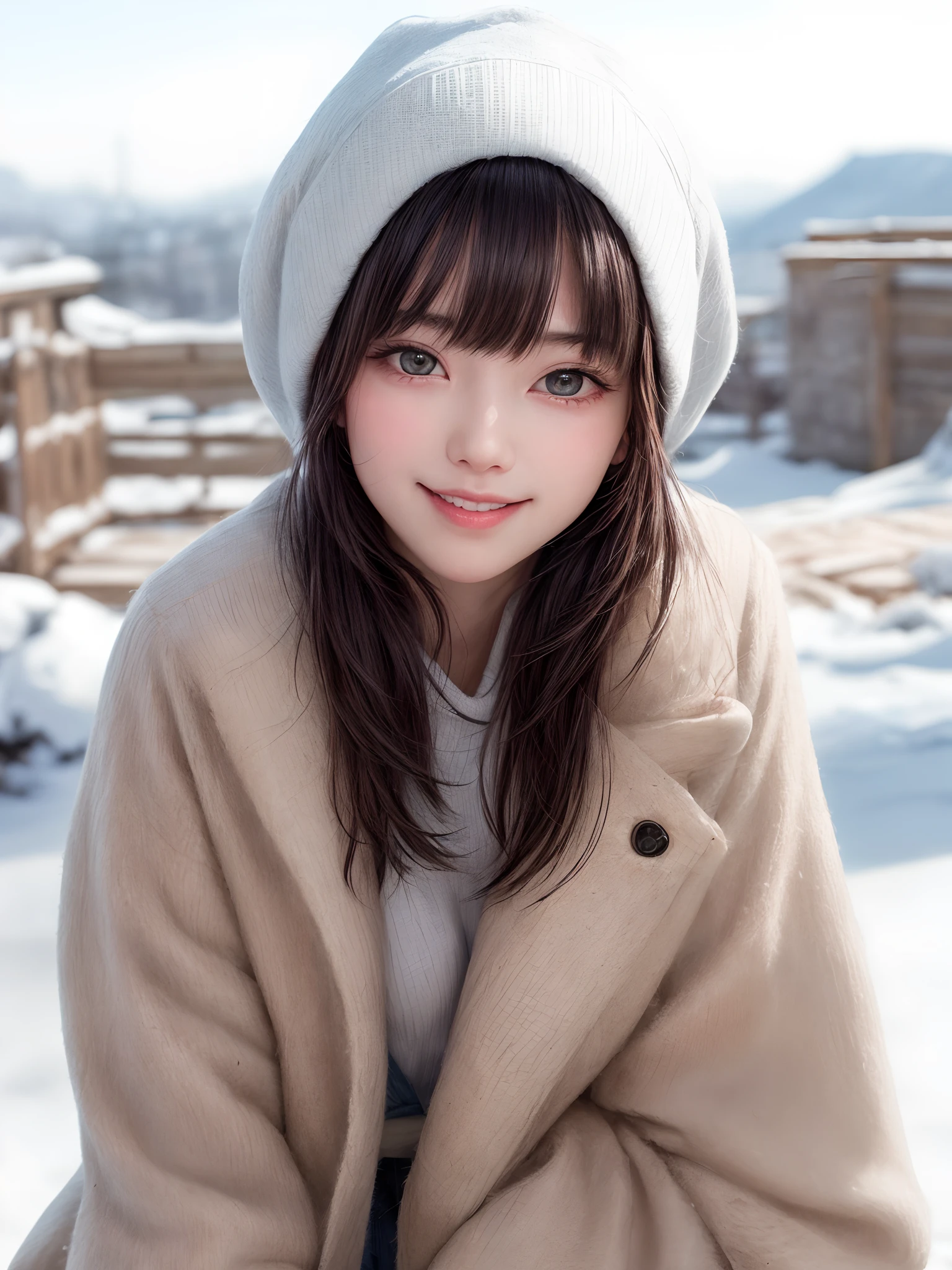 (masterpiece, top-quality),1girl in, 独奏, A dark-haired, scarf, Hats, realisitic, realisitic, looking at the viewers, black eyes of light color, shorth hair, Brown coat, Winter clothes, White headscarf, s lips, bangss, plein air, a closed mouth, The upper part of the body、big eye、Lashes、((Beautiful landscape of sparkling snow))、(((Shorthair with bangs、big eye、large full breasts、gazing at viewer、Beautiful beauty、Put your ears out、long neck、little smiling、Close your mouth and smile)))、