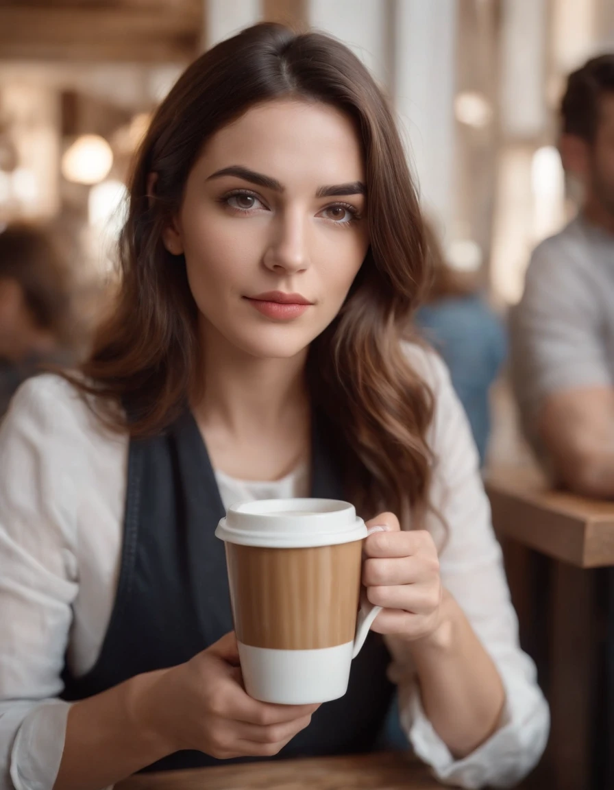 Female Greek barista, drinking coffee with friends, classic style, Realistic