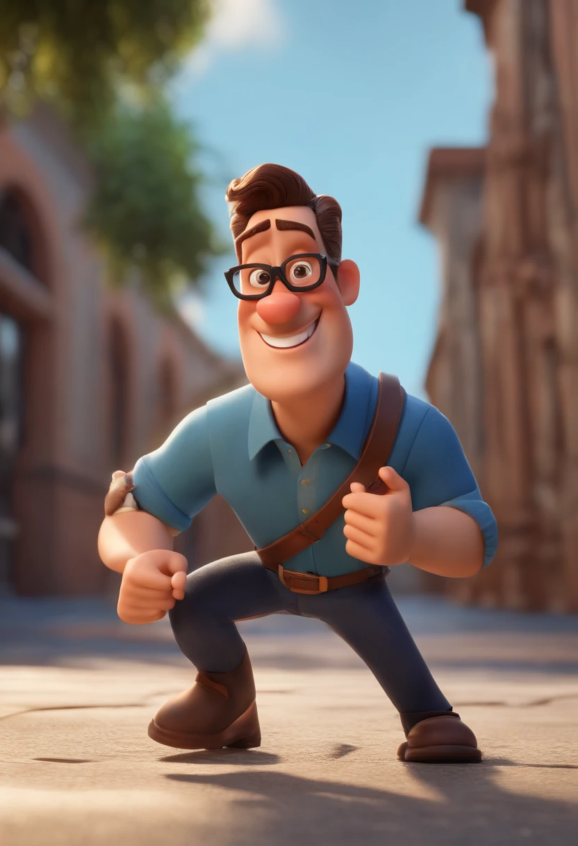 Cartoon character of a man wearing black glasses and a blue shirt, um personagem animado, Caractere estilizado, animation style rendering, 3D estilizado, Arnold Maya render, 3 d render stylized, toon render keyshot, Personagem 3D, Personagem 3D, 3d rendering stylized, 3 d character render, personagem de desenho animado, Personagem de close up, Pose de personagem, (Estilo Pixar) (master part:1.2) (Bokeh) (best quality) (pele detalhada) (textura detalhada) (8k) (argila) (Cinematic lighting) (foco nítido,Senta e vaza a parte superior do corpo
