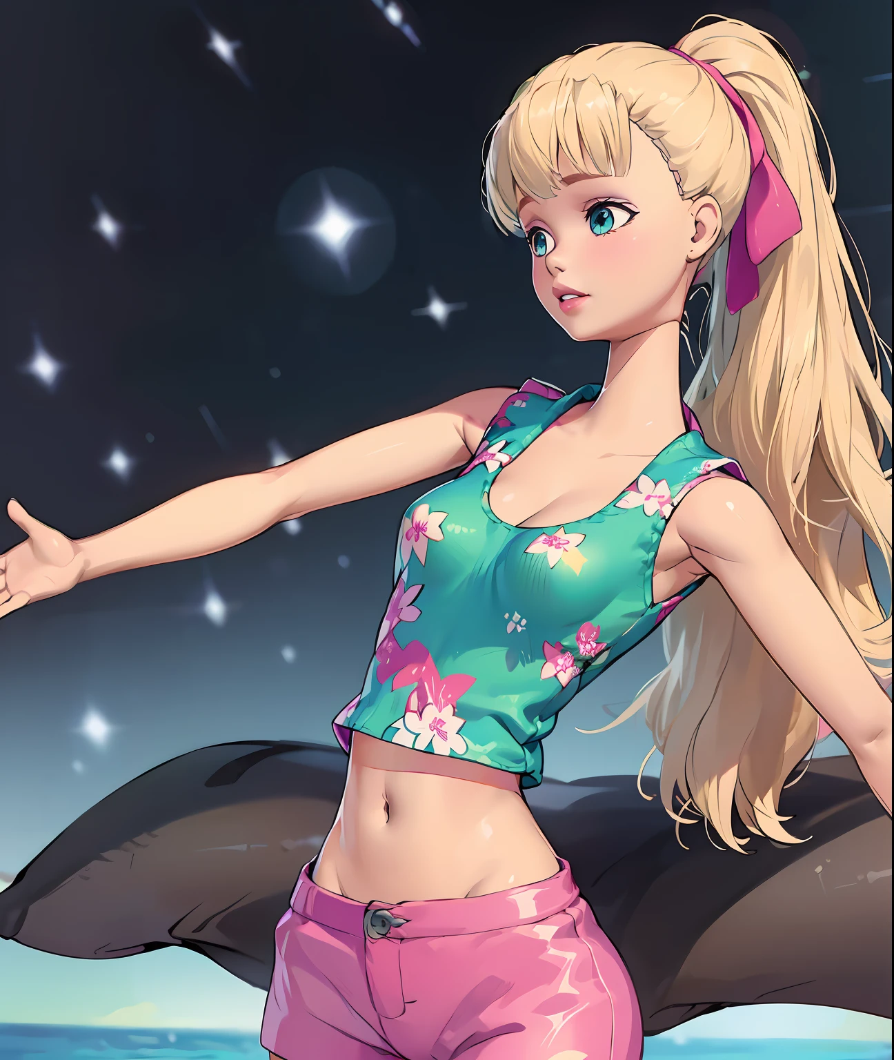 ​(risograph) ts_barbie, tetas grandes, piernas abiertas, Cum en el cuerpo, cuerpo completo, sequin sheer crop-top, cleavage, blonde hair, twintails, navel, cutout, visible bellybutton, at a beach, realistic background