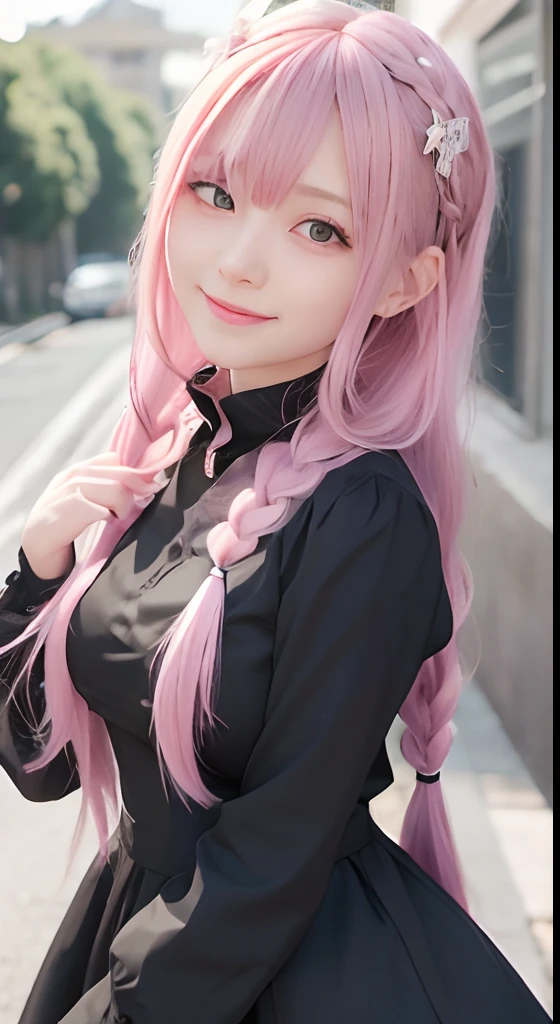 high-level image quality、anime girl with long hair and black dress posing for picture、up close shot、(A smile:1.5)、sayori, Anime visuals of cute girls, anime moe art style, loli in dress, anime girl wearing a black dress, pretty anime girl, (Anime Girl), Cute anime girl, Cute anime waifu in a nice dress, charming anime girls, Beautiful anime girl, Rin, Smooth Anime CG Art、(Pink hair), Ear Hair, small tits, Single braid, (Single braid), (Side braid)