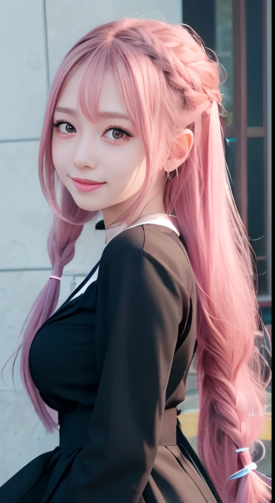 high-level image quality、anime girl with long hair and black dress posing for picture、up close shot、(A smile:1.5)、sayori, Anime visuals of cute girls, anime moe art style, in dress, anime girl wearing a black dress, pretty anime girl, (Anime Girl), Cute anime girl, Cute anime waifu in a nice dress, charming anime girls, Beautiful anime girl, Rin, Smooth Anime CG Art、(Pink hair), Ear Hair, small tits, Single braid, (Single braid), (Side braid)