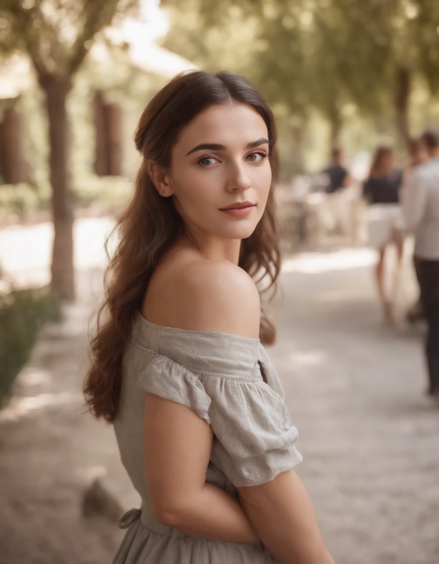 Female Greek barista, walking in the park with friends, classic style, Realistic
