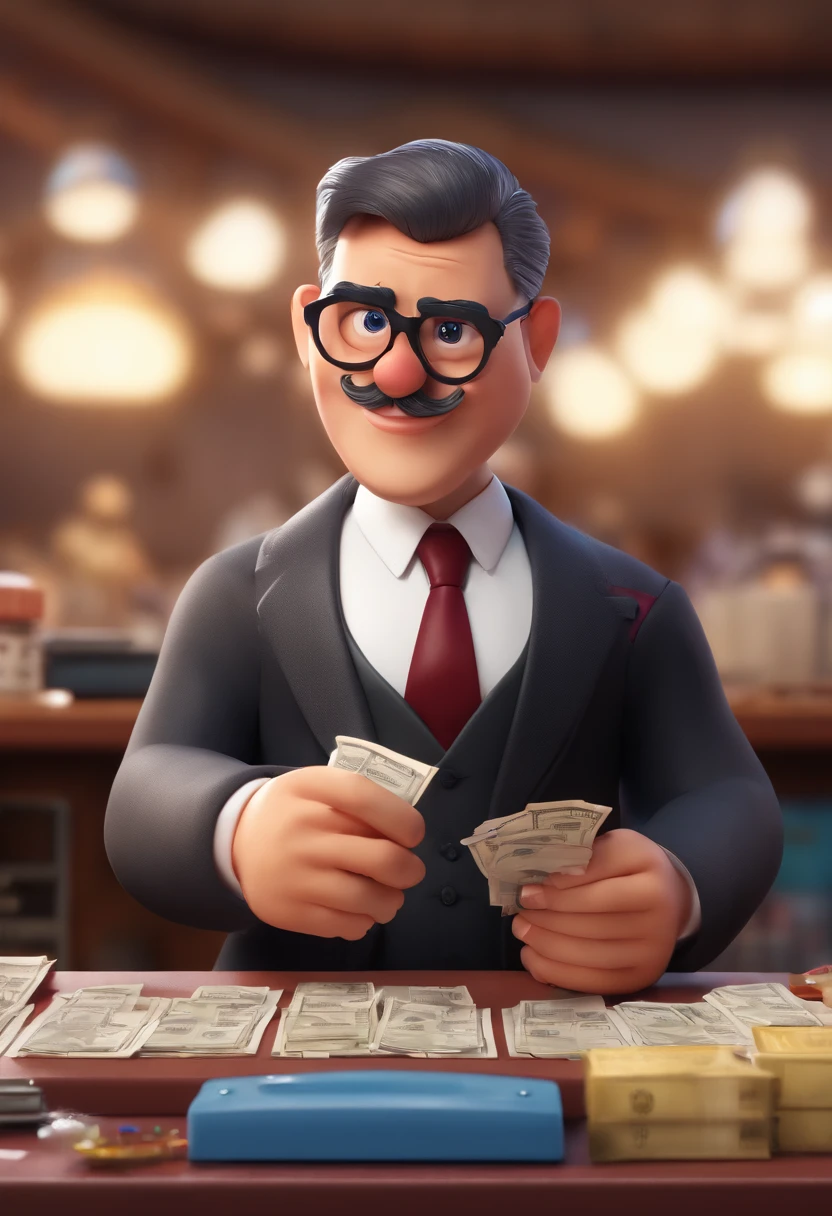 A short chubby bald little gentleman with little side hair wearing glasses with very high prescription, large, round nose with a gray mustache, Very worried looking at the bills in an old cash register machine, releasing a huge paper tape of the bills added up, seeing that the money will not be enough to pay the bills, He swipes his tongue and goes back to seeing the beads, wearing a sweaty white dress shirt with the sleeves rolled up with a burgundy tie, and black dress pants, sapato social preto com pezinho pequeno, fundo super branco, estilo disney, estilo pixar render ilustracao Super Detalhe, 8k