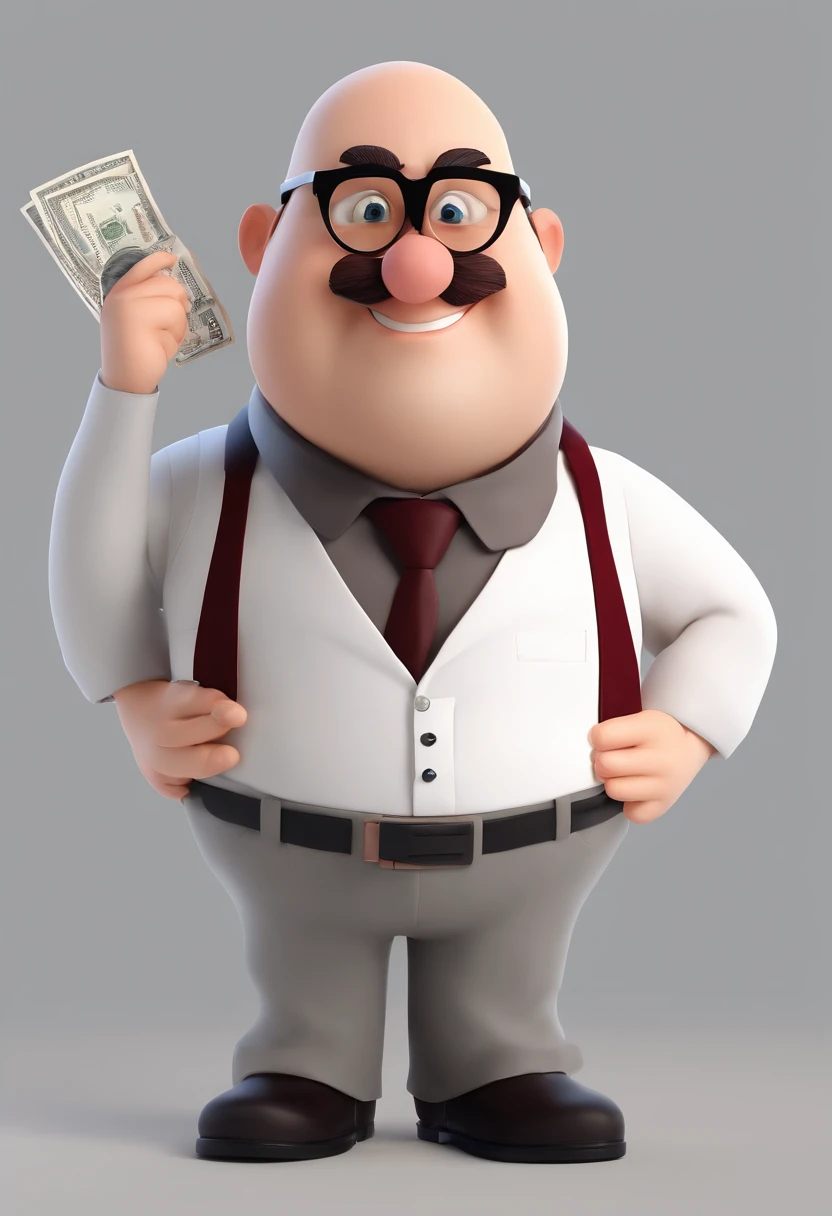 A short chubby bald little gentleman with little side hair wearing glasses with very high prescription, large, round nose with a gray mustache, Very worried looking at the bills in an old cash register machine, releasing a huge paper tape of the bills added up, seeing that the money will not be enough to pay the bills, He swipes his tongue and goes back to seeing the beads, wearing a sweaty white dress shirt with the sleeves rolled up with a burgundy tie, and black dress pants, sapato social preto com pezinho pequeno, fundo super branco, estilo disney, estilo pixar render ilustracao Super Detalhe, 8k