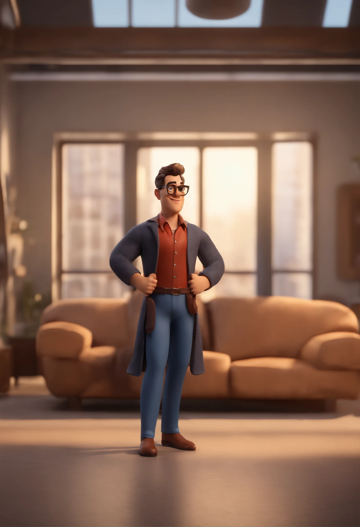 Cartoon character of a man with black glasses, cabelo cacheado marrom escuro e uma camisa azul, animation character, Caractere estilizado, animation style rendering, 3D estilizado, Arnold Maya render, 3 d render stylized, toon render keyshot, Personagem 3D, Personagem 3D, 3d rendering stylized, 3 d character render, personagem de desenho animado, Personagem de close up, Pose de personagem,  (Estilo Pixar) (master part:1.2) (Bokeh) (best quality) (pele detalhada) (textura detalhada) (8k) (argila) (Cinematic lighting) (foco nítido