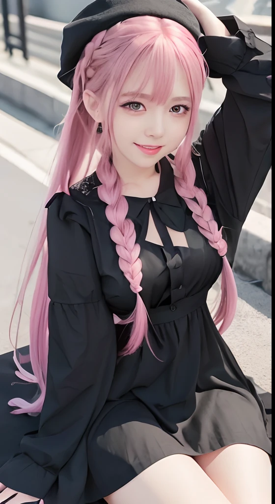 high-level image quality、anime girl with long hair and black dress posing for picture、up close shot、(A smile:1.5)、sayori, Anime visuals of cute girls, anime moe art style, loli in dress, anime girl wearing a black dress, pretty anime girl, (Anime Girl), Cute anime girl, Cute anime waifu in a nice dress, charming anime girls, Beautiful anime girl, Rin, Smooth Anime CG Art、(Pink hair), Ear Hair, small tits, Single braid, (Single braid), (Side braid)