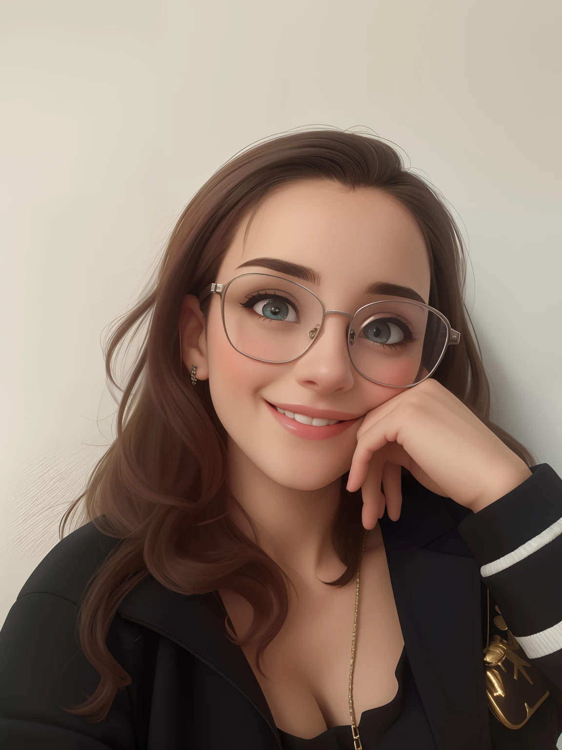 Uma mulher de 25 anos, com cabelos castanhos curtos, Rosto redondo, rosto redondo com sorriso encantador, e olhos castanhos, and wearing glasses.