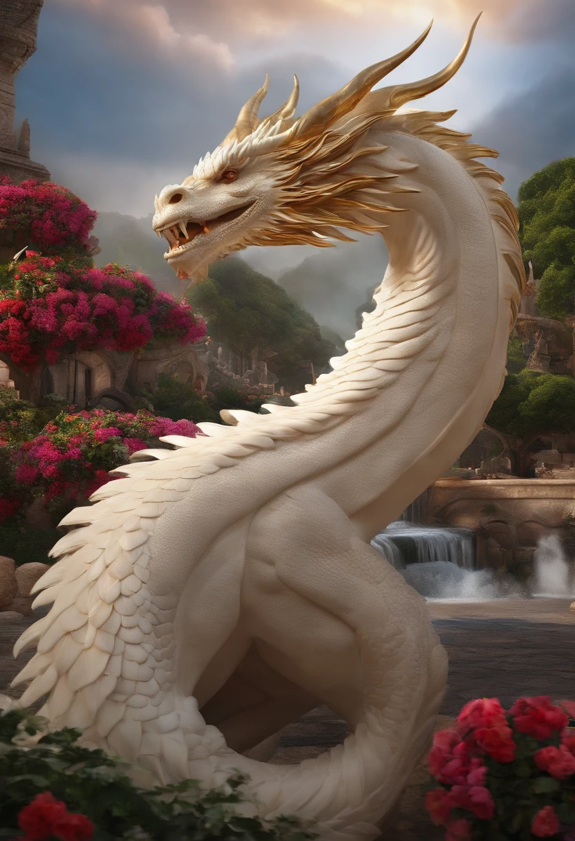 (master part), (Excelente), (extremamente fino), Orvalho Branco, town square, espectador, Horns of the Dragon's Tail, parte superior do corpo, flor, Streamers, nuvem,