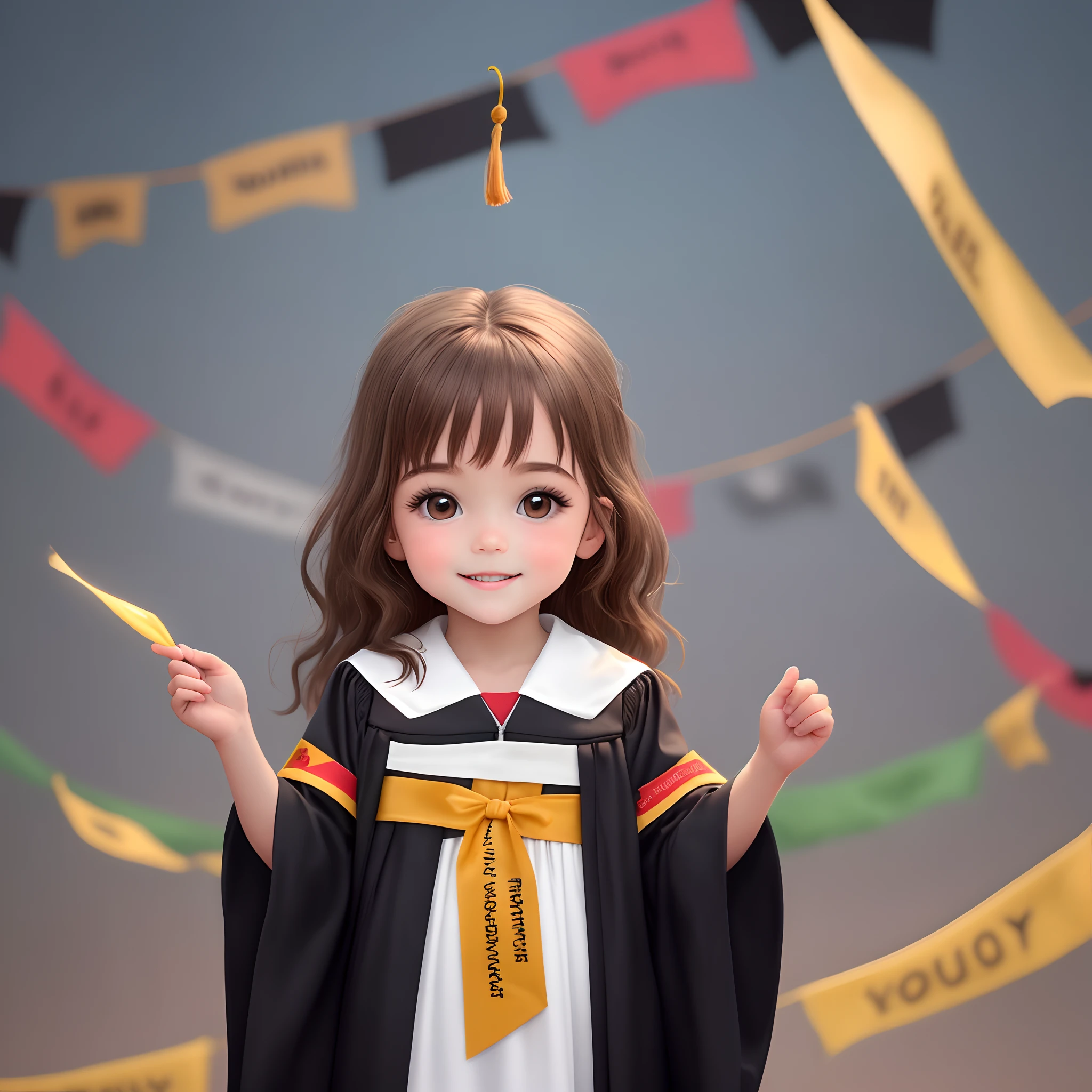 Make a 5-year-old, She has light brown hair and brown eyes She's graduating is wearing a black graduation gown Make a graduation background with a banner written Cooperating Hand College Make it in pixar or Disney pattern