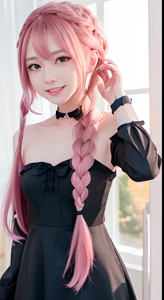 Mitsuri Kanroji, demon slayer, Short skirt, neckline, beautiful, Masterpiece, perfect, beautiful eyes, pink hair, pink hair, braids, two braids on the sides, dos braids