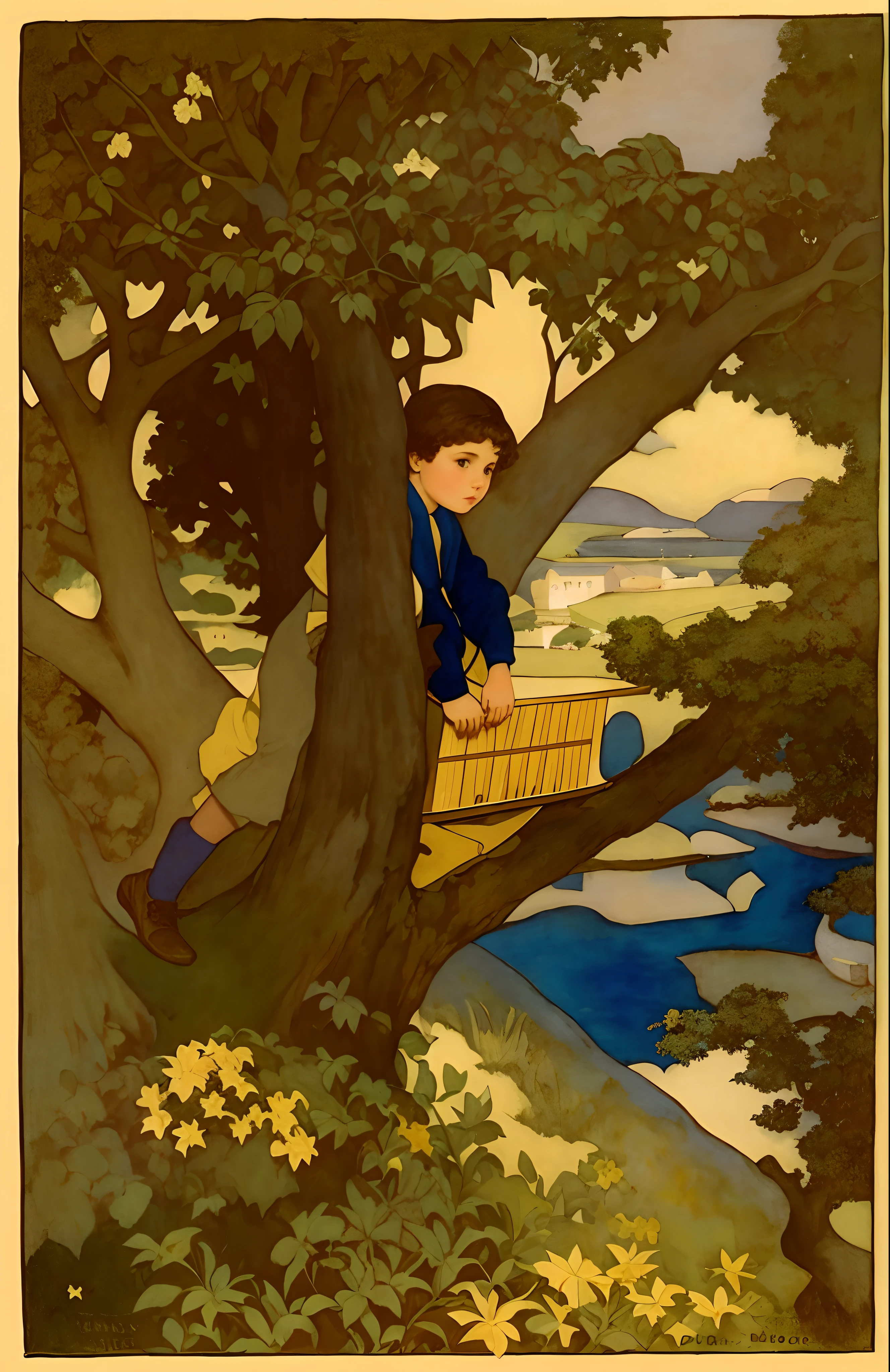 A painting of a boy sitting on a tree with a book, inspirado em Jessie Willcox Soares, Directed by: Jessie Willcox Soares, Eugene Grasset, Directed by: Clara Tecelã Parrish, Directed by: Randolph Caldecott, Dulac, Directed by: Elizabeth Shippen Verde, florence harrison, classic children's illustration, Directed by: Edmundo Dulac, illustration for children, NC Wyeth, Directed by: Maxfield Parrish, corrigir olhos e as pernas, olho e perna perfeitas, NO DEFORMATION