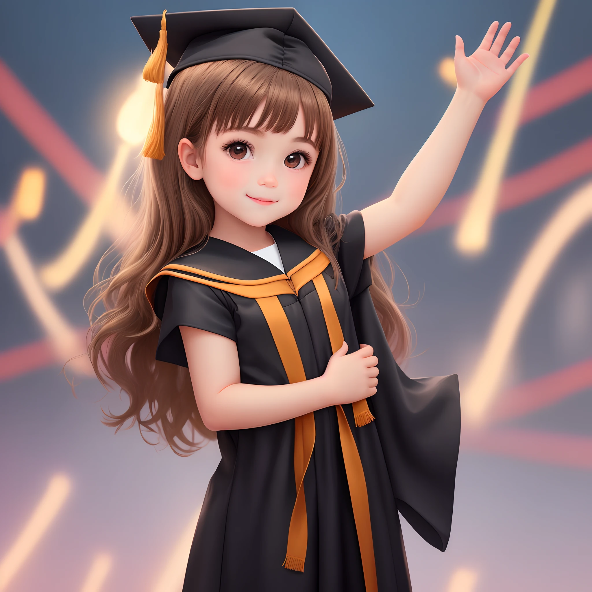 Make a 5-year-old, She has light brown hair and brown eyes She's graduating is wearing a black graduation gown Make a graduation background with a banner written Cooperating Hand College Make it in pixar or Disney pattern
