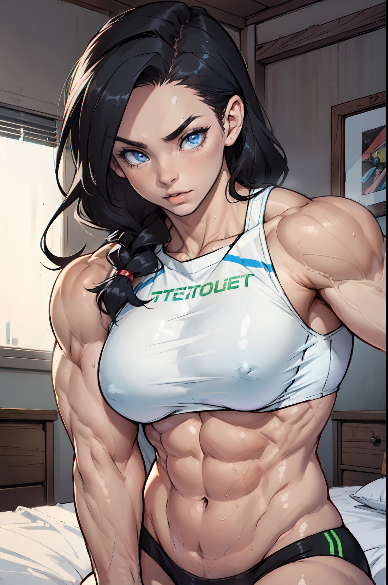 ((((((muscular 1 girl)))))), perky breasts, toned body, black hair, pale skin, neon blue eyes, very long hair, in bed