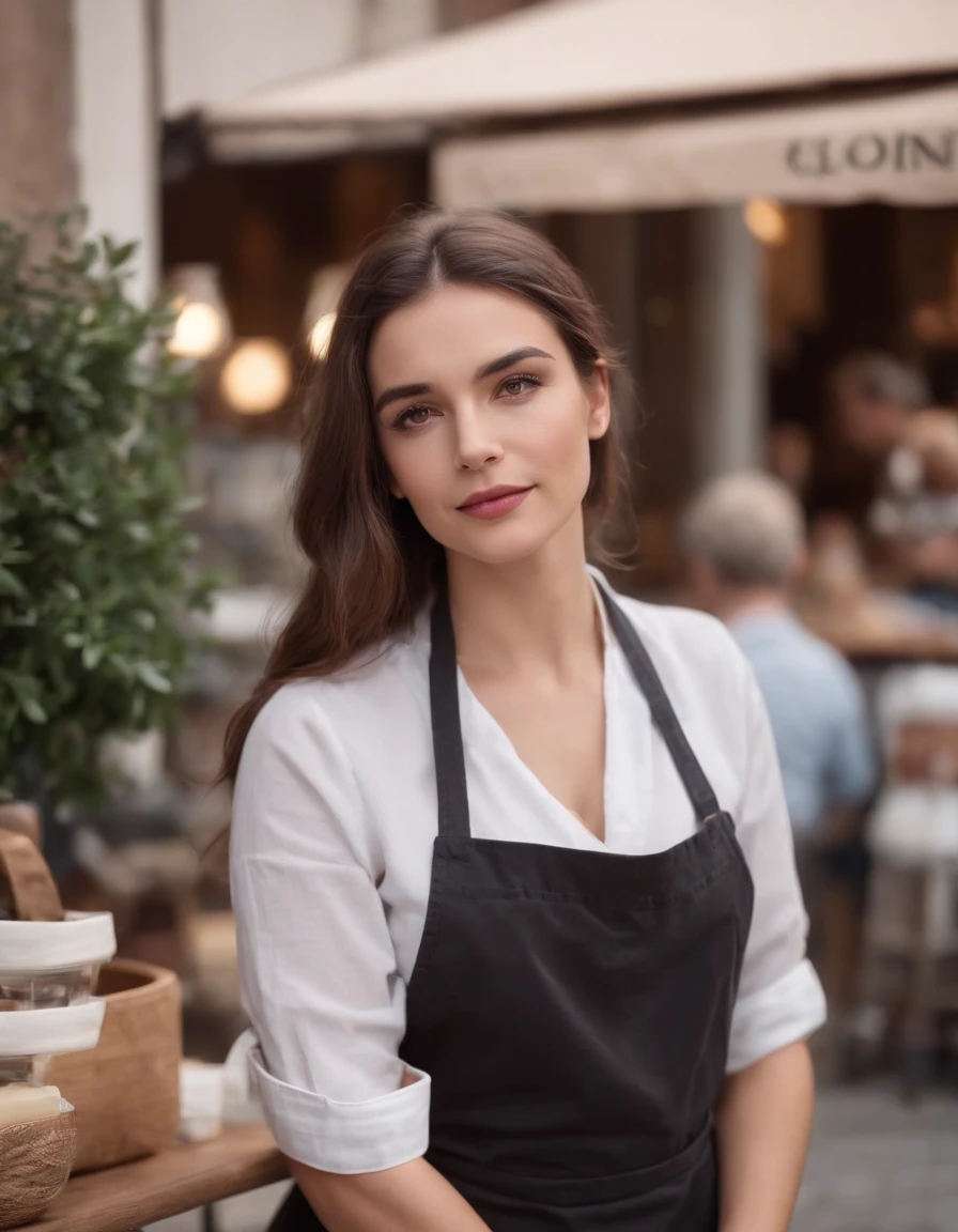 Female Greek barista, outside of a bookstore, classic style, Realistic