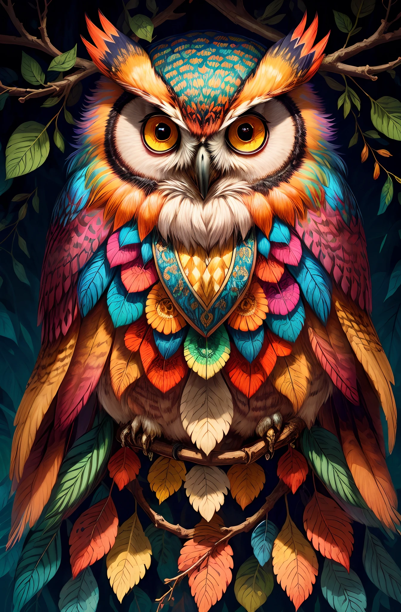 Brightly colored owls,There are ornate decorations on the branches, plethora of colors,detail-rich, highly intricate and colorful, Detailed painting 4 K, details and vivid colors, 4 k highly detailed art, high detailed colors, colorful intricate masterpiece, colorful hd picure, radiant owl, Detailed art in color, perfect coloring, highly detailed digital artwork, detailed digital artwork