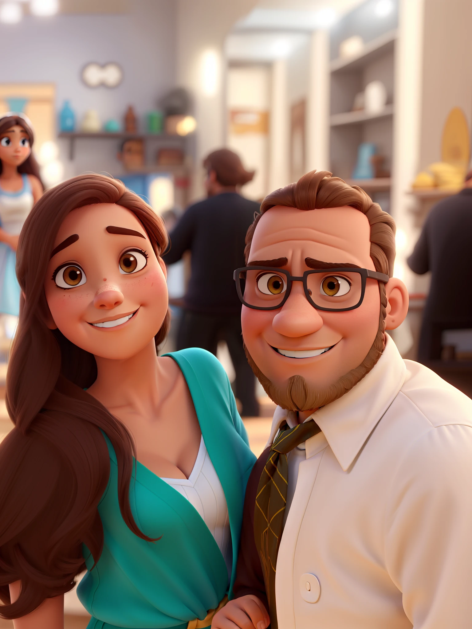 Mulher morena com olhos castanhos, Homem Branco com cabelo e barba ruivo claro, Estilo Disney Pixar, alta qualidade, melhor qualidade