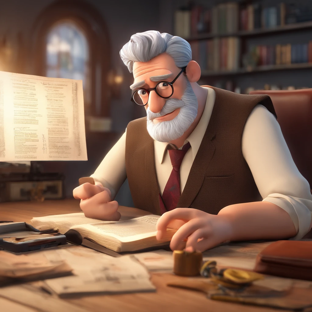 Crie um cartaz inspirado na Disney Pixar com o personagem sendo o pastor Rubens Janier, A gray-haired man wearing glasses, in an office with a Bible on the table, Looking forward and serious