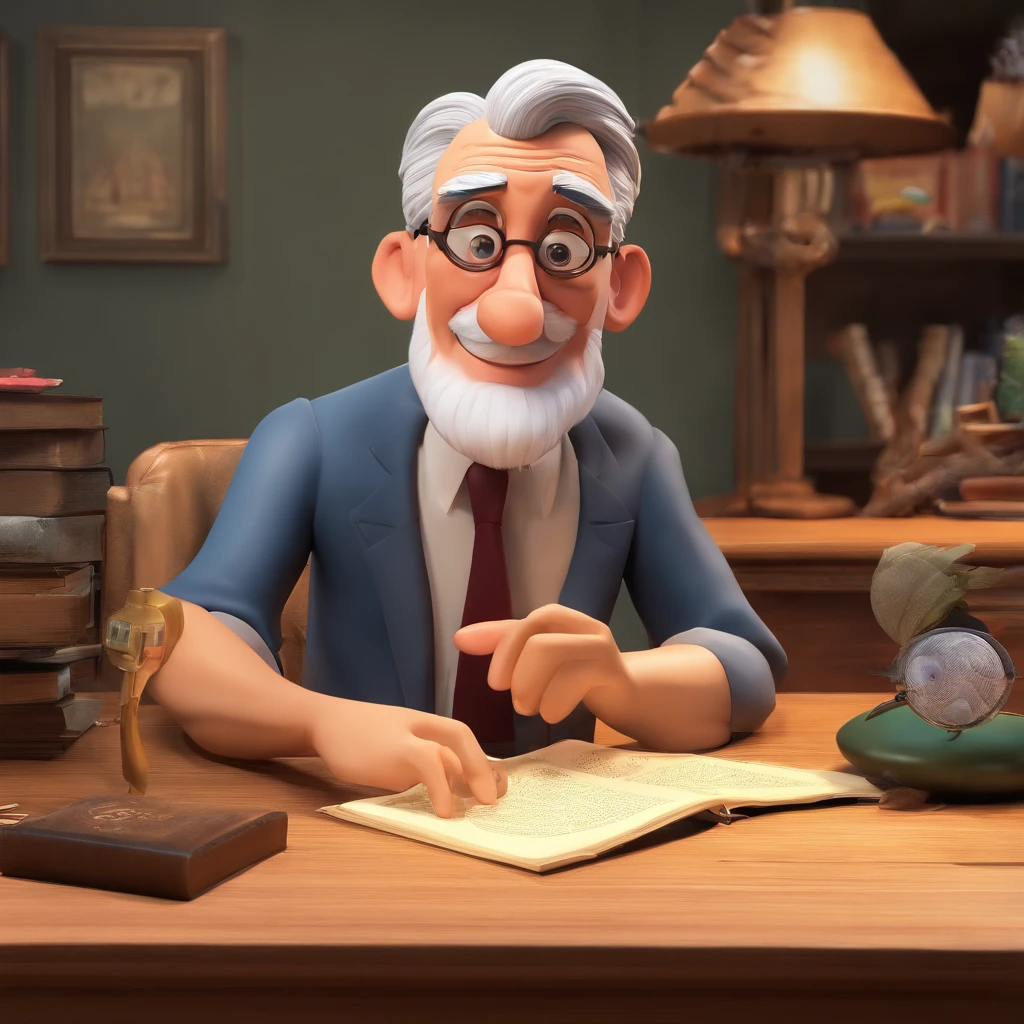 Crie um cartaz inspirado na Disney Pixar com o personagem sendo o pastor Rubens Janier, A gray-haired man wearing glasses, in an office with a Bible on the table, Looking forward and serious