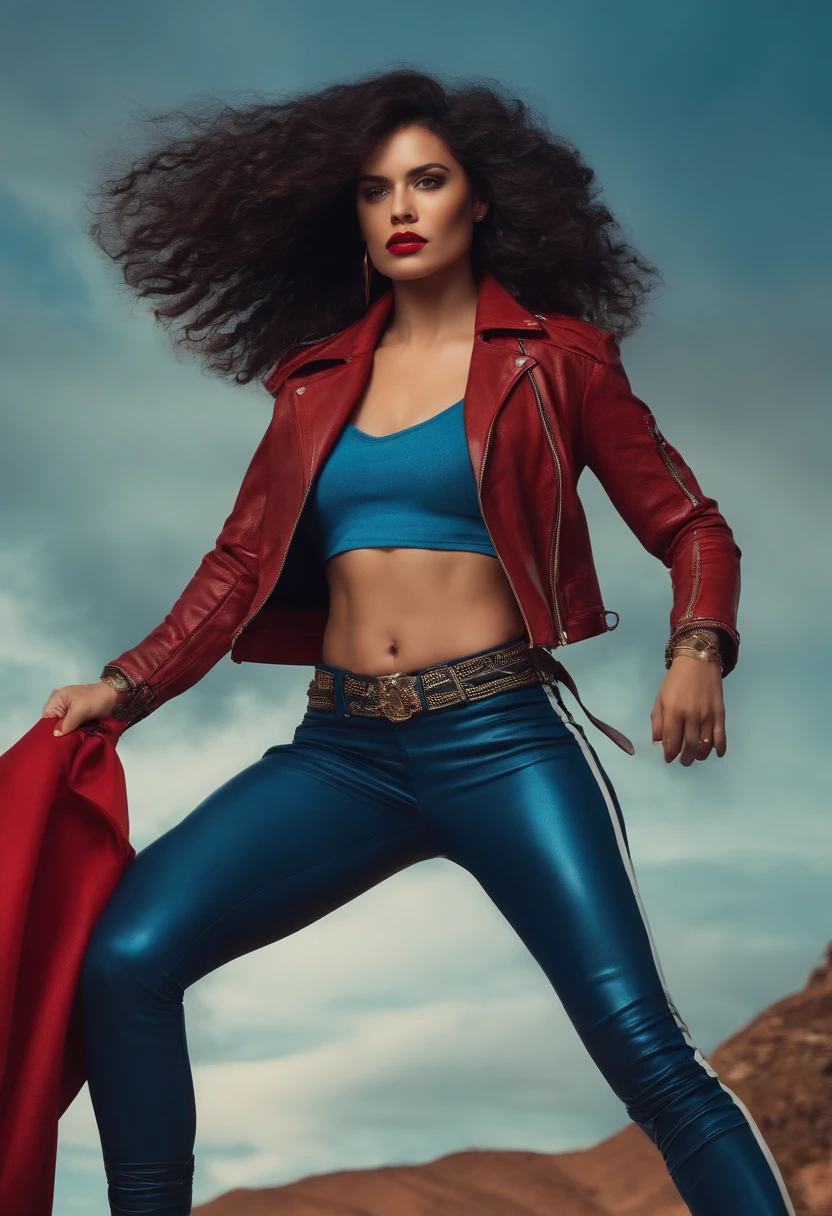 Mulher cabelos ondulado longos e vermelho e com espada na centura , Her outfit is blue t-shirt and a leather jacket with her beautiful potas