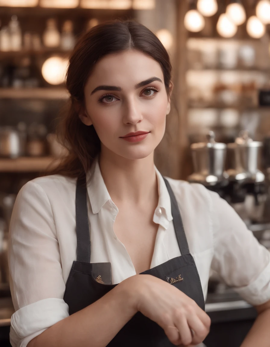 Female Greek barista, outside of a bar, classic style, Realistic