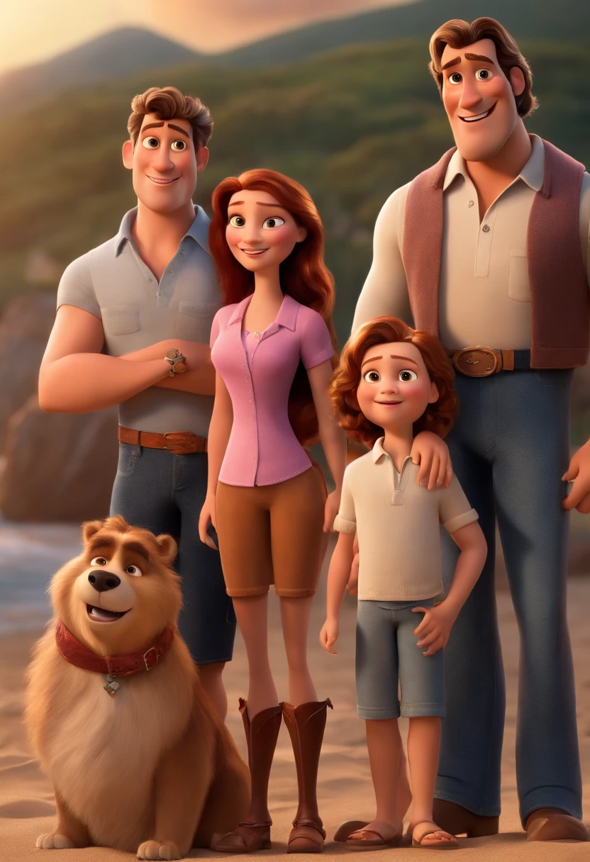 a Disney Pixar movie poster showing a white-skinned family. The father is the tallest, porta grande, Tem barba preta e comprida, Moreno, cabelos CARECA. Mom has dark brown eyes and hair, shoulder-length and is slightly overweight. A tem 7 anos e cabelos castanhos, roupa rosa e rabos de cavalo. The background is a beach garden. 3D-rendering