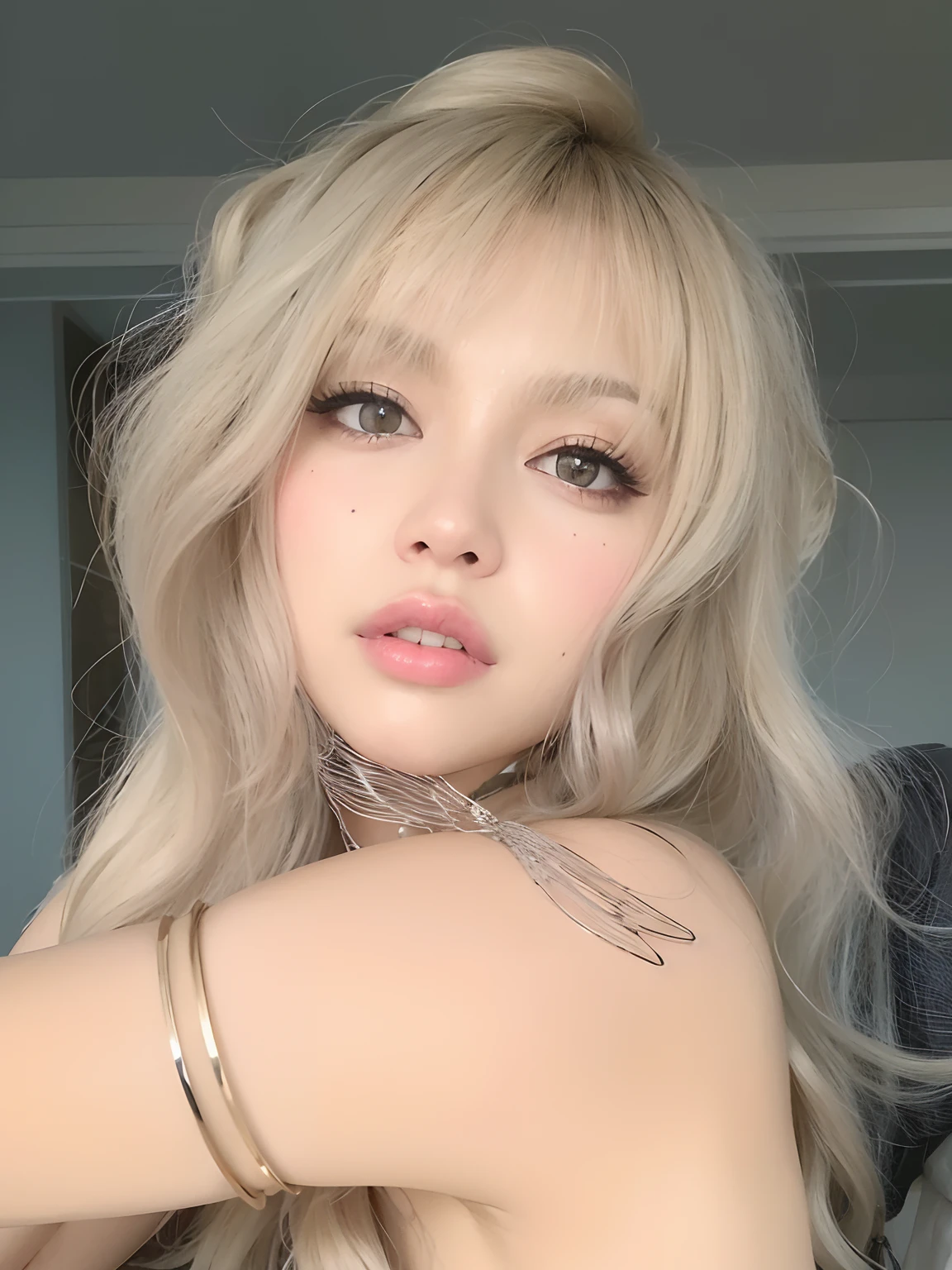 Un primer plano de una mujer con el pelo largo y rubio y un estrangulamiento, Lalisa Manobal, Lalisa Manoban de Blackpink, ulzzang, Cabello largo y blanco y flequillo, maquillaje popular de Corea del Sur, maquillaje coreano popular, con el pelo largo y blanco, Parque Roseanne de Blackpink, con pelo largo blanco, pale porcelain white skin, flequillo blanco, Sakimichan