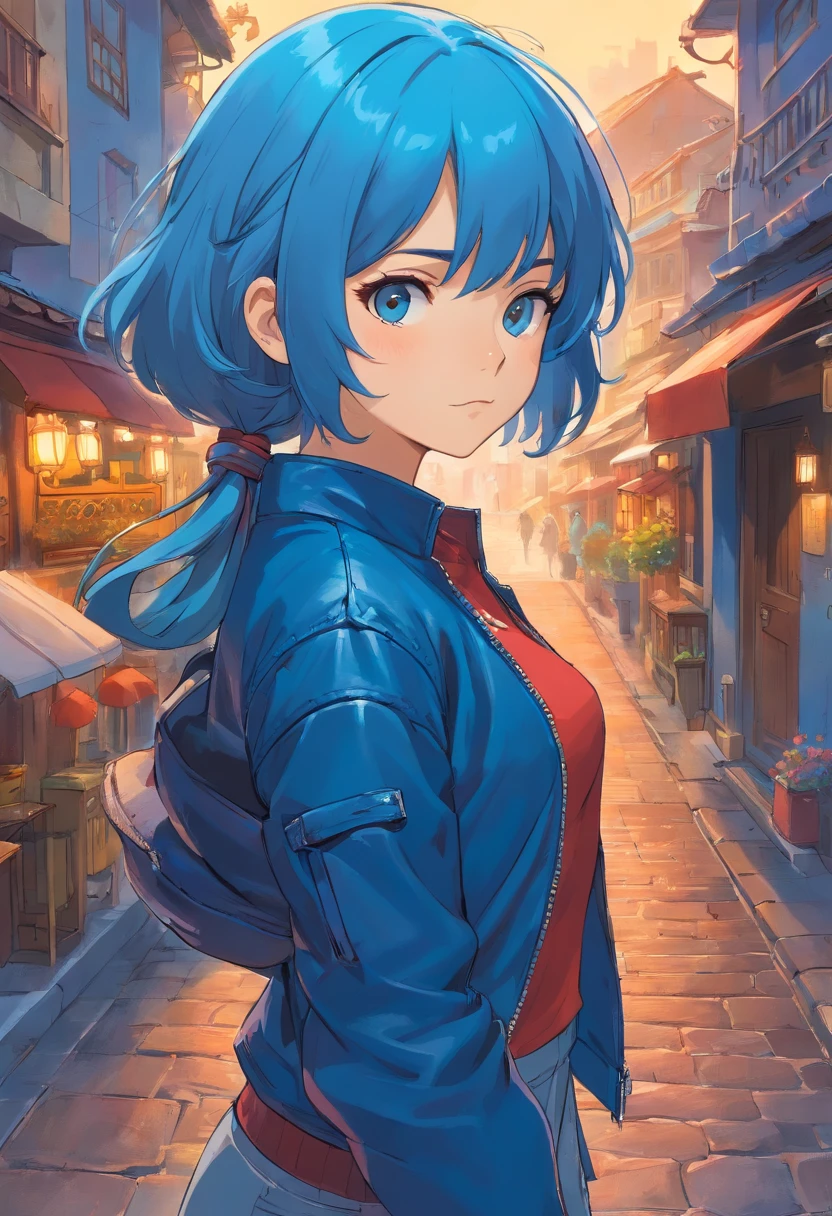 Mulher cabelos ondulado longos e vermelho  e com espada na centura  , Her outfit is blue t-shirt and a leather jacket with her beautiful potas