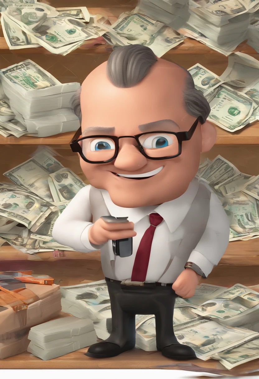 Um senhor nada feliz, careca e com pouco cabelo lateral, Chubby man wearing glasses with very high prescription, nariz grade e redondo com bigode cinza, Too worried looking at the bills in an old cash register machine, soltando uma enorme fita de papel das notas somadas, Seeing that the money won't be enough to pay the bills, He swipes his tongue and goes back to seeing the bills, wearing a sweaty white dress shirt with the sleeves rolled up with a burgundy tie, and black dress pants, sapato social preto com pezinho pequeno, fundo super branco, Estilo Disney, estilo pixar render ilustracao Super Detalhe, 8k