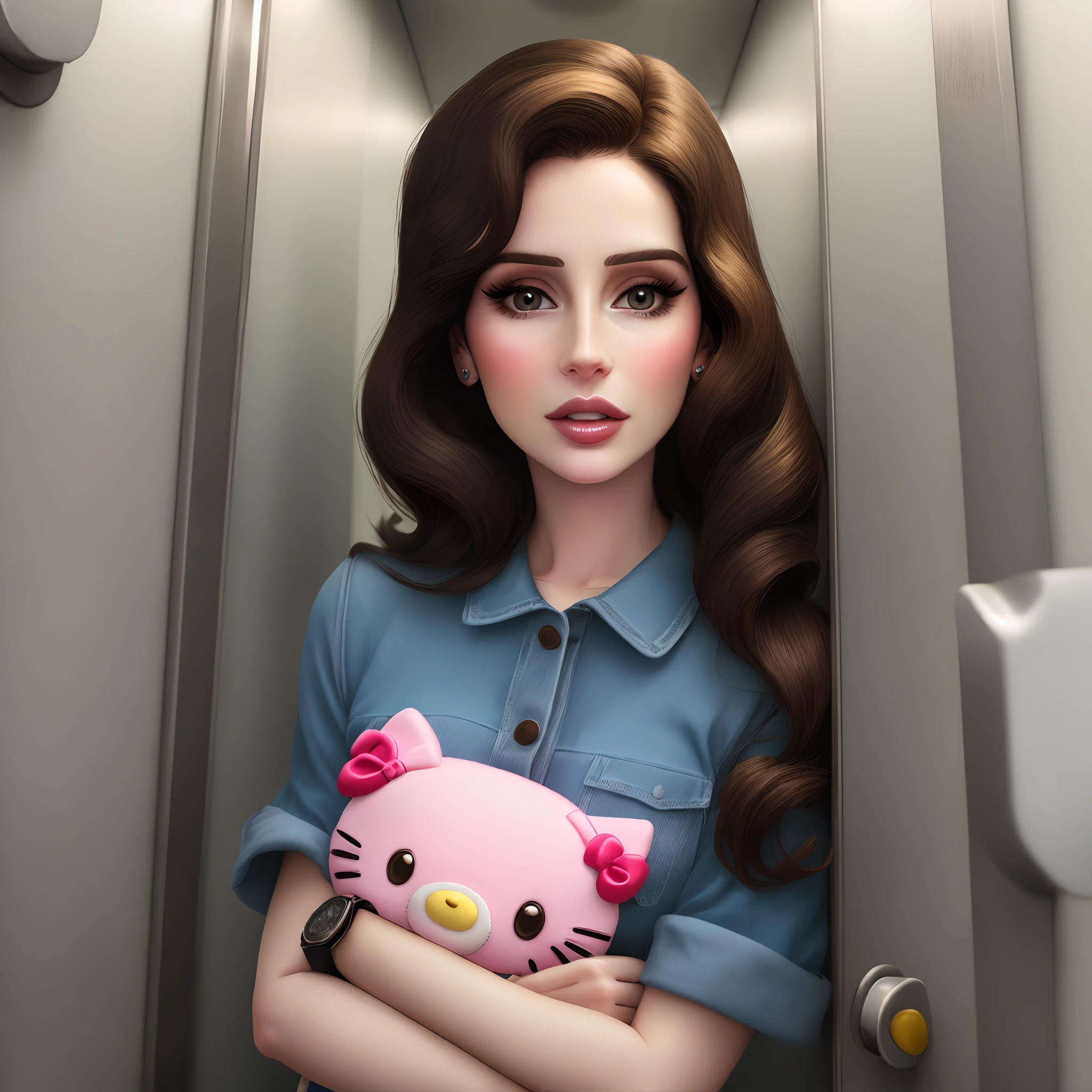15mm view of lana del rey holding a hello kitty plushie in a elevator