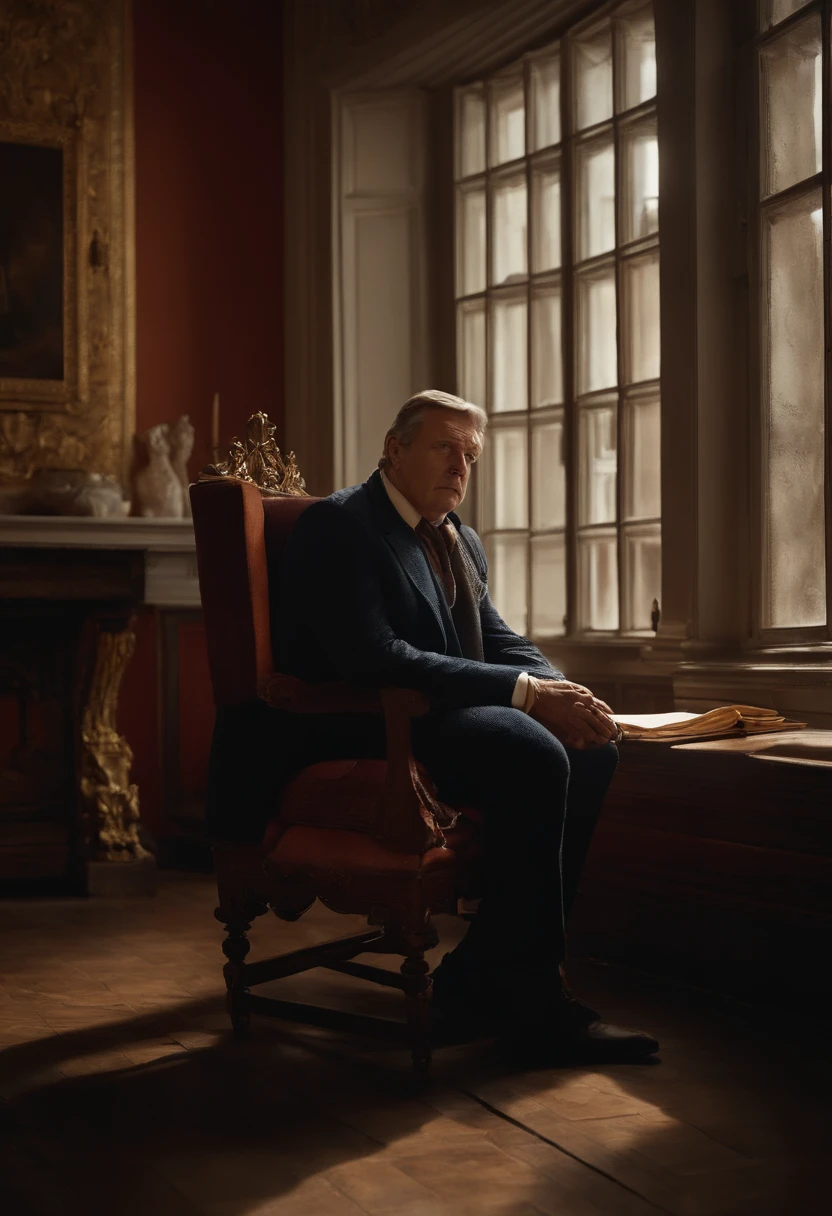 There's a man sitting in a chair in a room with a bunch of papers, Sergey Zabelin, Alexey Egorov, foto de retrato de pintura fosca, Directed by: Hristofor Zhefarovich, Directed by: Aleksander Kobzdej, Universo Ridley Scott, Directed by: Grzegorz Rutkowski, fotografia editorial, Directed by: Dietmar Damerau