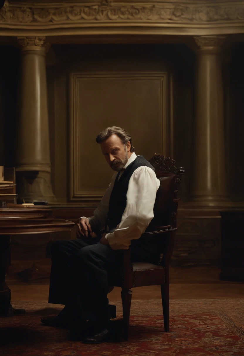 There's a man sitting in a chair in a room with a bunch of papers, Sergey Zabelin, Alexey Egorov, foto de retrato de pintura fosca, Directed by: Hristofor Zhefarovich, Directed by: Aleksander Kobzdej, Universo Ridley Scott, Directed by: Grzegorz Rutkowski, fotografia editorial, Directed by: Dietmar Damerau