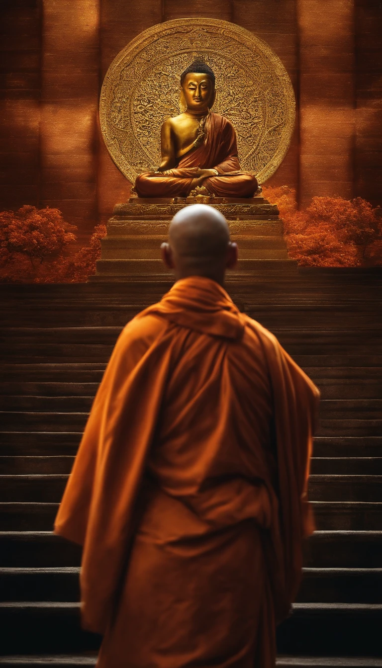 An Asian monk,Olhe para frente,Medite de pernas cruzadas, no centro,cores muito brilhantes, light particles, com luz brilhante, Mshiv, Arte do papel de parede, Papel de parede UHD