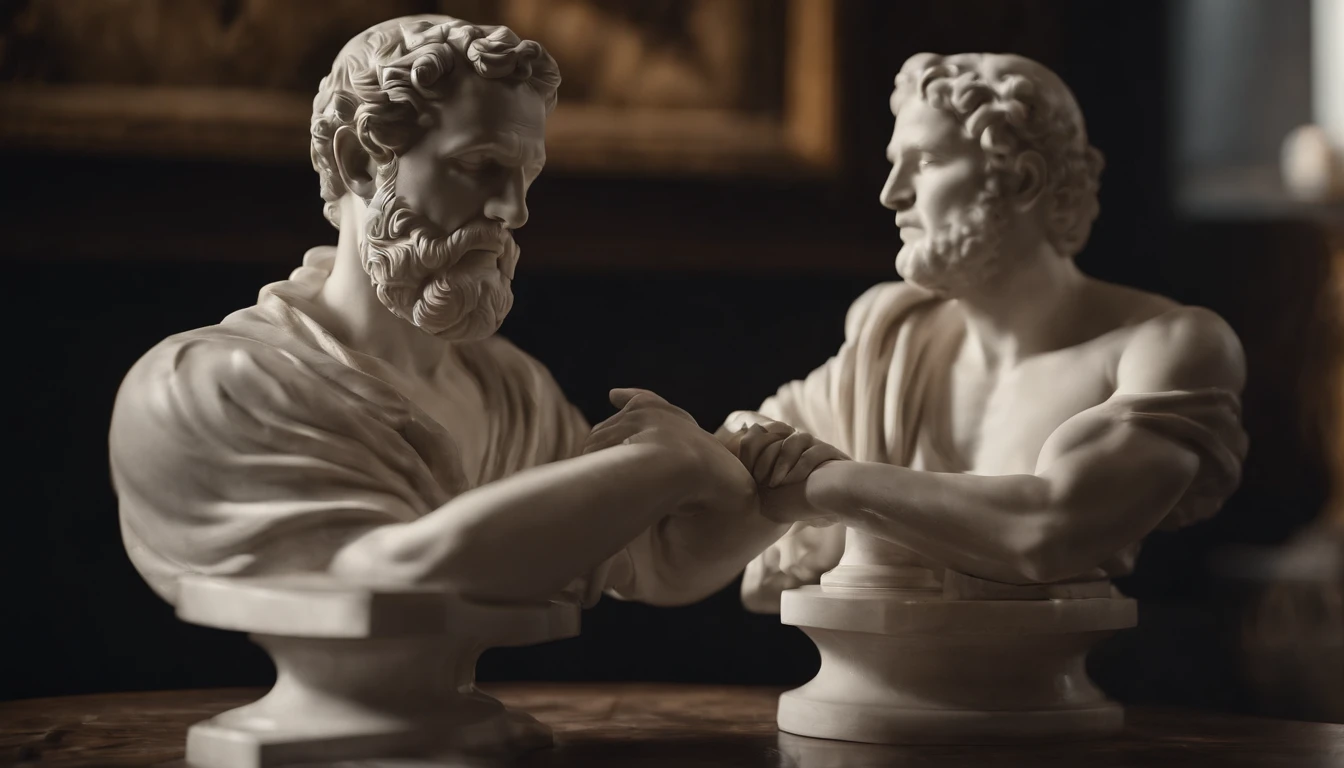 {{A depiction of Socrates and Plato}}, en la Escuela de Atenas, en un estilo {((neoclassical))}. La imagen debe reflejar una {((Intense philosophical discussion))} entre estos dos pensadores. El fondo es un {((interior de una academia antigua))}, creating an academic and respectful atmosphere. La imagen debe ser una {((pintura))}, incorporando elementos de {((neoclassical art))}. The camera shot is from {((medium shot))}, capturada con un lente {((standard))}, lo que da una perspectiva equilibrada. The lighting should be {((natural))}, highlighting the figures of philosophers. El nivel de detalle deseado es {((alto))} with a resolution {((alta))}, highlighting the importance of discussion.
