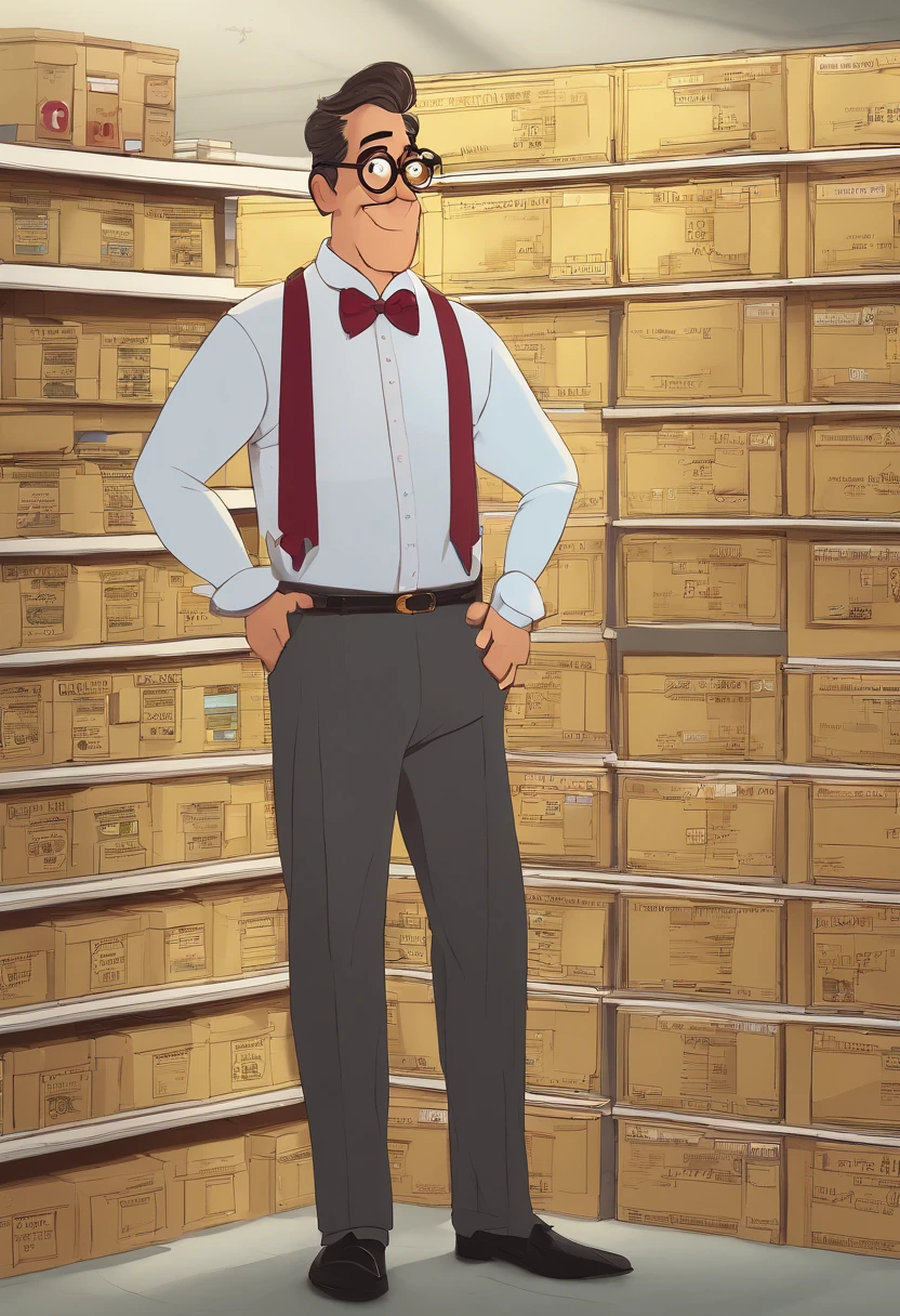 Um senhor de 70 anos mau humorado, careca e com pouco cabelo lateral, Chubby Man Wearing Glasses With Very High Prescription, nariz grade e redondo com bigode cinza, Too worried looking at the bills in an old cash register machine, soltando uma enorme fita de papel das notas somadas, Seeing that the money won't be enough to pay the bills, He swipes his tongue and goes back to seeing the bills, wearing a sweaty white dress shirt with the sleeves rolled up with a burgundy tie, and black dress pants, sapato social preto com pezinho pequeno, fundo super branco, Estilo Disney, estilo pixar  ilustracao Super Detalhe, 8k