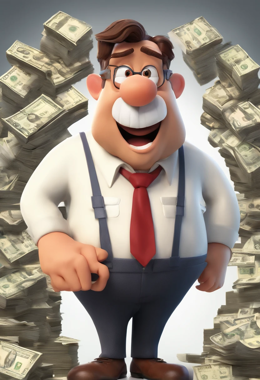 Um senhor de 70 anos mau humorado, careca e com pouco cabelo lateral, Chubby Man Wearing Glasses With Very High Prescription, nariz grade e redondo com bigode cinza, Too worried looking at the bills in an old cash register machine, soltando uma enorme fita de papel das notas somadas, Seeing that the money won't be enough to pay the bills, He swipes his tongue and goes back to seeing the bills, wearing a sweaty white dress shirt with the sleeves rolled up with a burgundy tie, and black dress pants, sapato social preto com pezinho pequeno, fundo super branco, Estilo Disney, estilo pixar ilustracao Super Detalhe, 8k