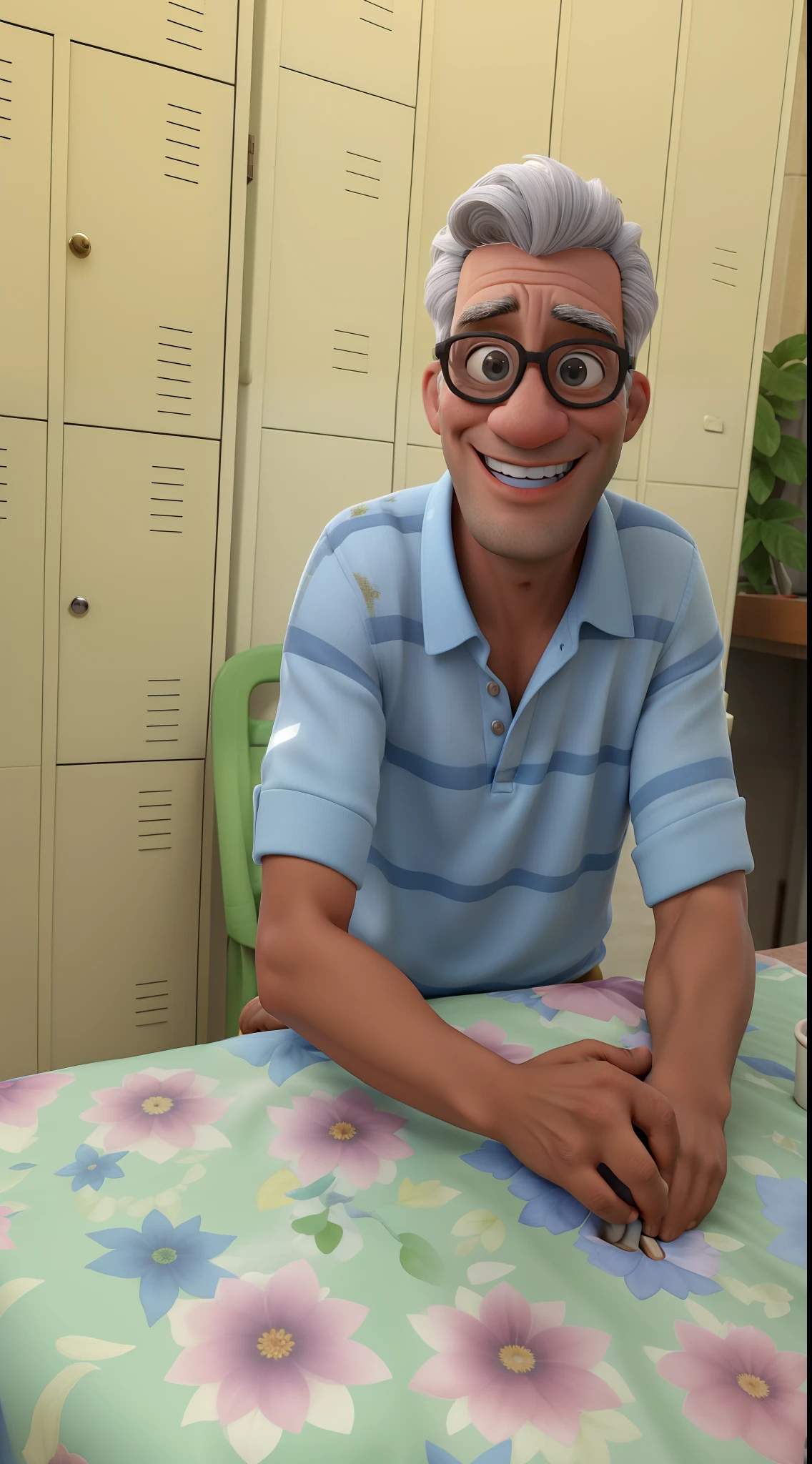 Um homem  de cor moreno de aproximadamente 54 anos, com sorriso timido, de oculos transparente estreitos, olhos castanhos claros, brilhantes, pequenos, nariz grande, cabelo raspado curto e prateado, de maos juntas apoiadas em uma mesa florida olhando para foto,camisa polo listrada.