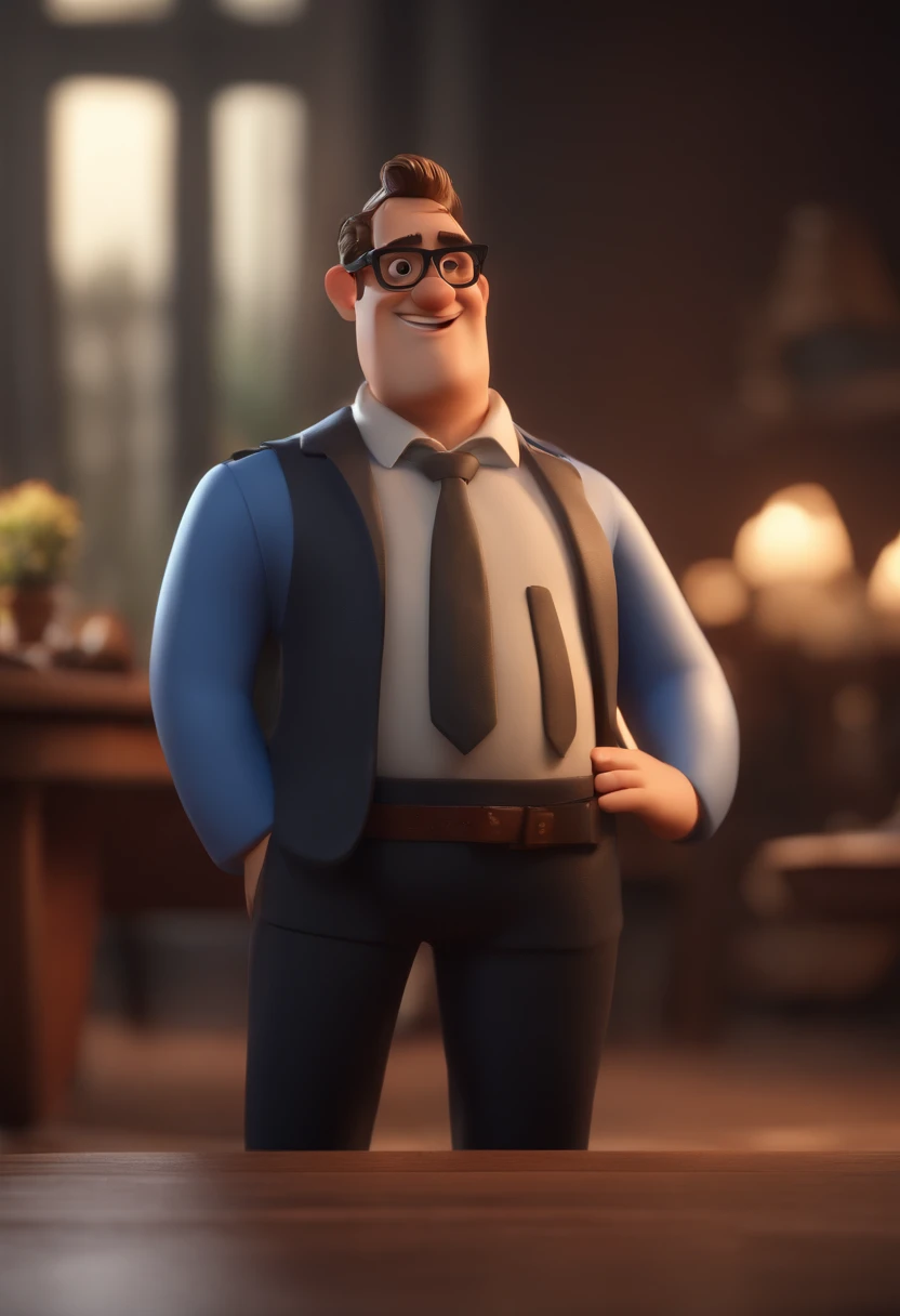 Cartoon character of a man wearing black glasses and a blue shirt, um personagem animado, Caractere estilizado, animation style rendering, 3D estilizado, Arnold Maya render, 3 d render stylized, toon render keyshot, Personagem 3D, Personagem 3D, 3d rendering stylized, 3 d character render, personagem de desenho animado, Personagem de close up, Pose de personagem, (Estilo Pixar) (master part:1.2) (Bokeh) (best quality) (pele detalhada) (textura detalhada) (8k) (argila) (Cinematic lighting) (foco nítido,Senta e vaza a parte superior do corpo