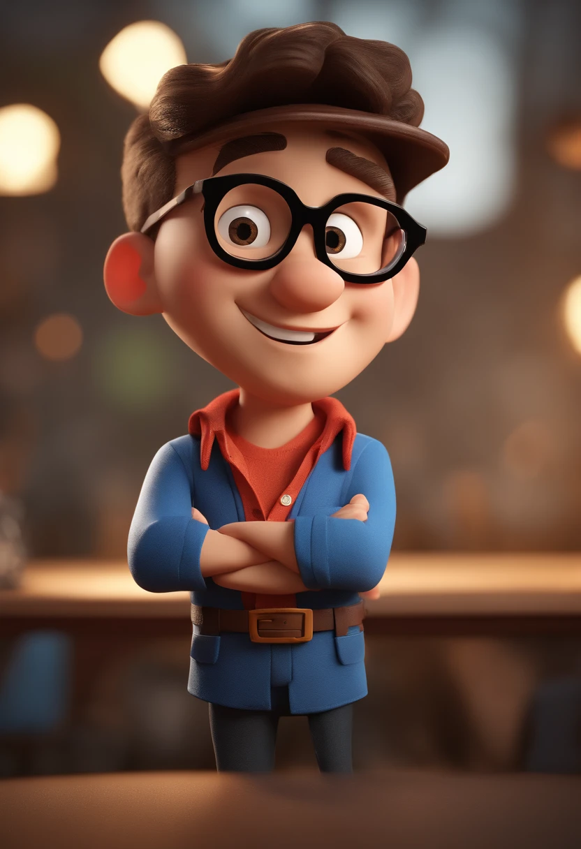 Cartoon character of a man wearing black glasses and a blue shirt, um personagem animado, Caractere estilizado, animation style rendering, 3D estilizado, Arnold Maya render, 3 d render stylized, toon render keyshot, Personagem 3D, Personagem 3D, 3d rendering stylized, 3 d character render, personagem de desenho animado, Personagem de close up, Pose de personagem, (Estilo Pixar) (master part:1.2) (Bokeh) (best quality) (pele detalhada) (textura detalhada) (8k) (argila) (Cinematic lighting) (foco nítido,Senta e vaza a parte superior do corpo