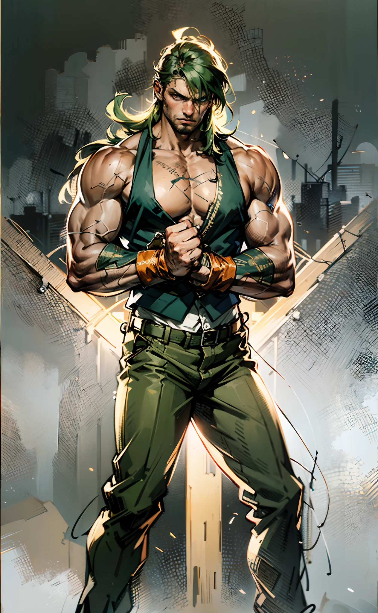 A young man, long orange-green hair, with the lengthy hair bangs covering most of his face, revealing a fierce gaze, a red stripe on the side of his face, a loose and simple sleeveless dark vest, exposing his sturdy muscles, wearing fabric wrist guards, coarse cloth trousers matching the outfit, he clenches his fists in front of his chest, assuming a combat-ready stance, the backdrop features a bustling market in a medieval fantasy-style setting, this character embodies a finely crafted fantasy-style street thug in anime style, characterized by an exquisite and mature manga illustration art style, high definition, best quality, highres, ultra-detailed, ultra-fine painting, extremely delicate, professional, anatomically correct, symmetrical face, extremely detailed eyes and face, high quality eyes, creativity, RAW photo, UHD, 8k, Natural light, cinematic lighting, masterpiece-anatomy-perfect, masterpiece:1.5