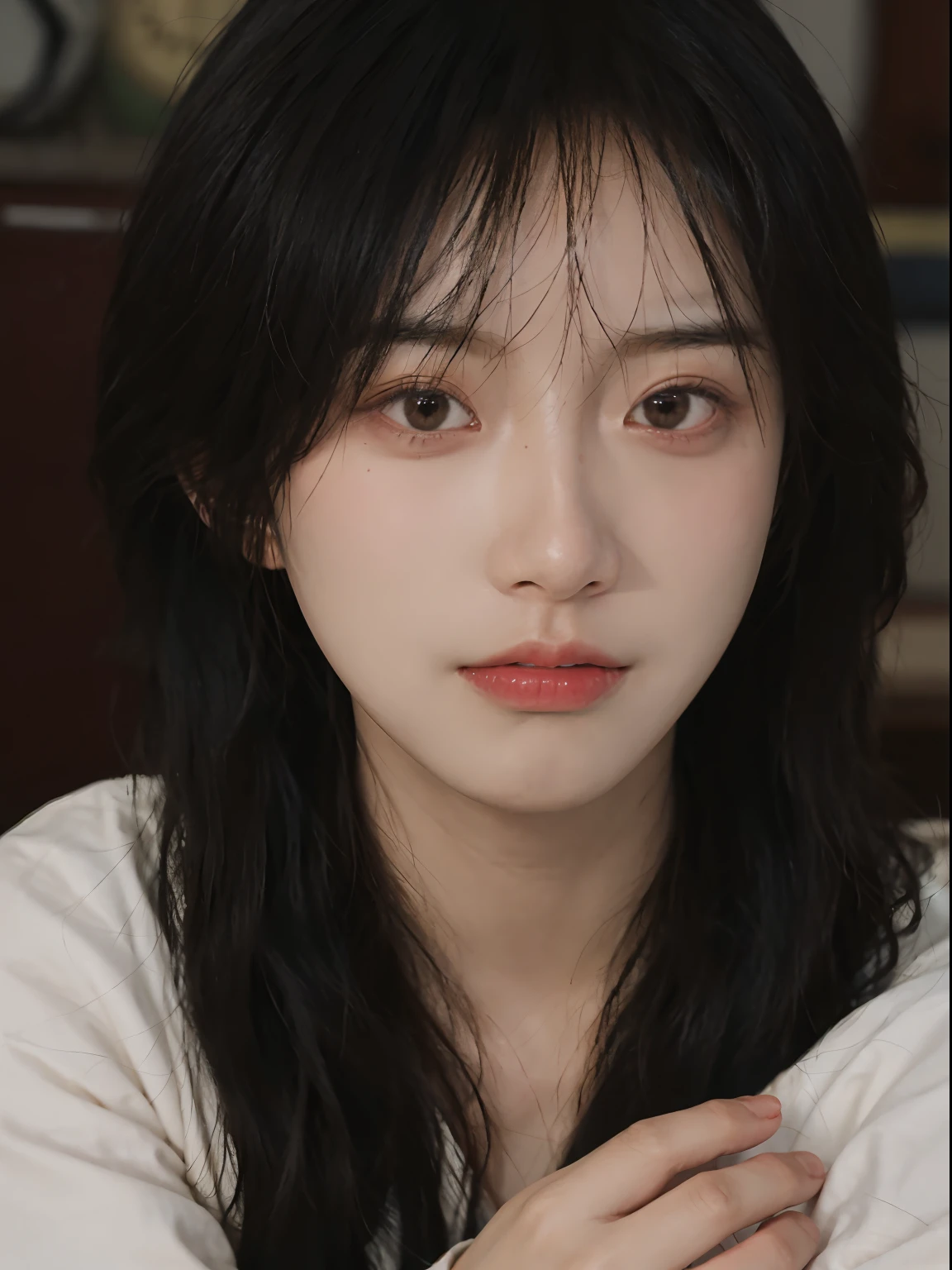 best qualtiy， 超高分辨率， （realisticlying：1.4）， A woman with long black hair and a gray sweater, 中景 the scene is, She has black hair，By bangs, young lovely Korean faces, wan adorable korean face, ulzzangs, Shin Jinying, beautiful aesthetic face, Korean face features, Played by Liu Lee Ji Eun ，Beautiful realistic face