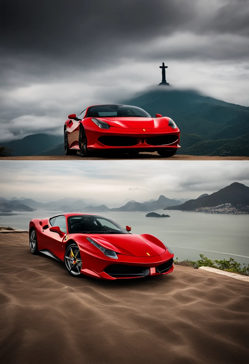 ferrari preta no deserto do saara com uma montanha de fundo, no fundo da imagem o cristo redentor do rio de janeiro. dia chuvoso, nuvens, raios.