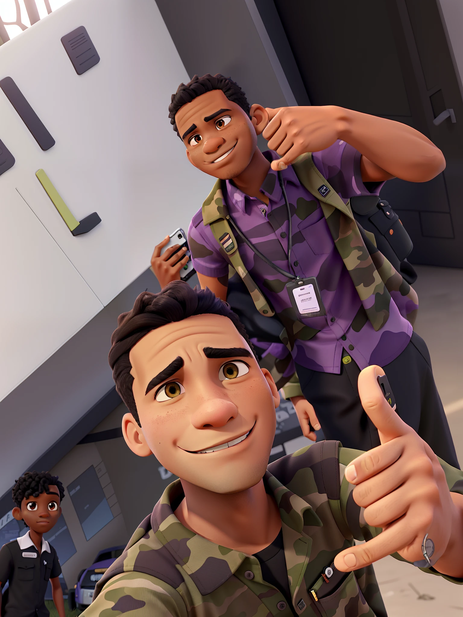 Two black men taking a self and one of them is black and has a small nose and be wearing an olive green camouflage blouse and has writing on the shirt SD MARCELINO and has dark brown eyes Black hair the other being in a lilac blouse and has a white badge with black ribbon dark brown eyes black hair Wall background and a grove in nature Disney Pixar style high quality best quality